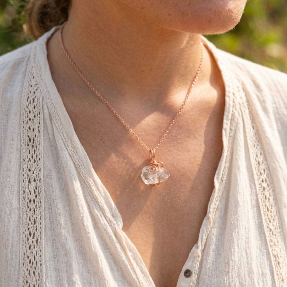 Herkimer Diamond Quartz Spiral Charm Pendant, Copper Wire-Wrapped, Handmade