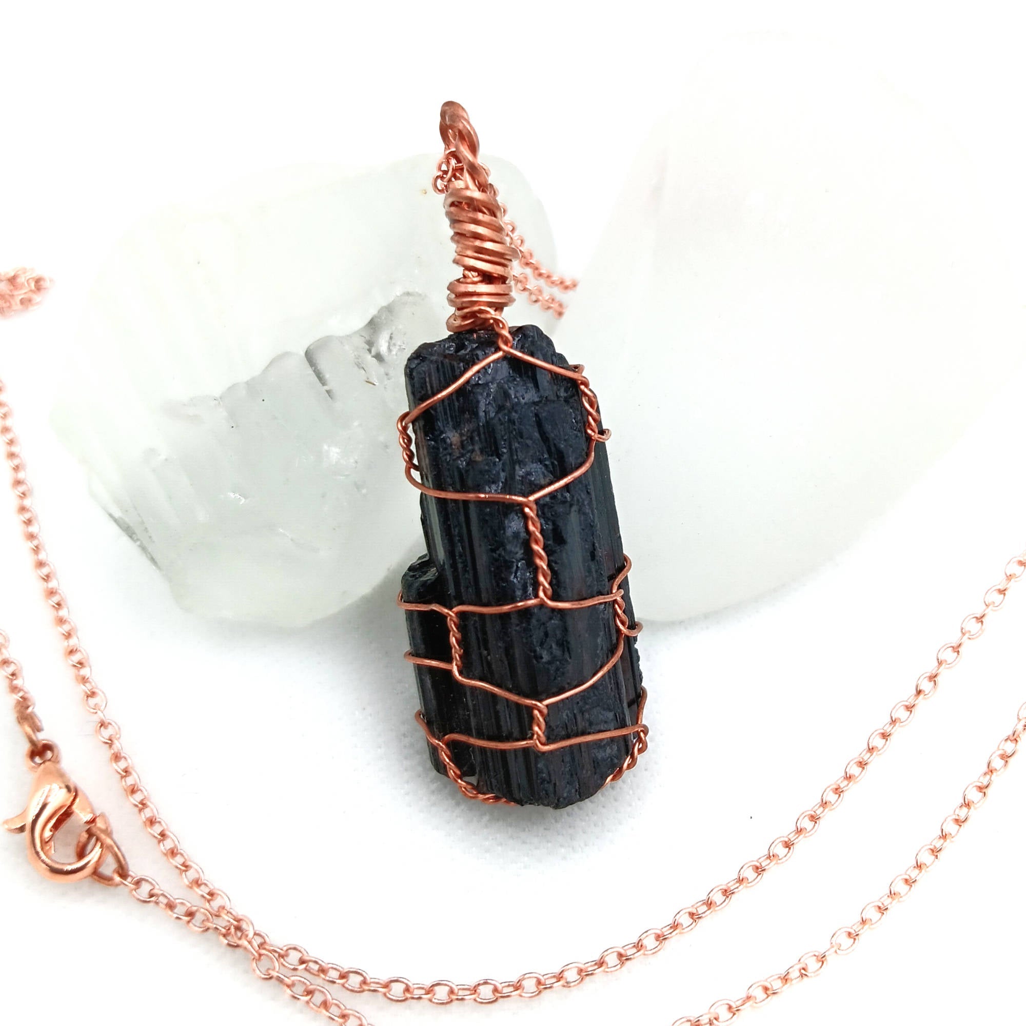 Raw Black Tourmaline Crystal Pendant Necklace, Copper Wire-Wrapped, Handmade