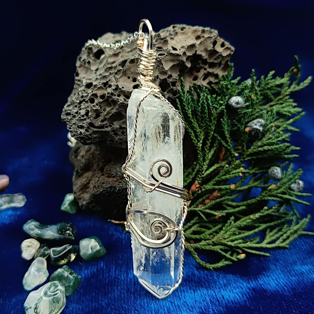 Raw Quartz Crystal Point Pendant – Silver-Plated Wire Wrapped Necklace, Handmade