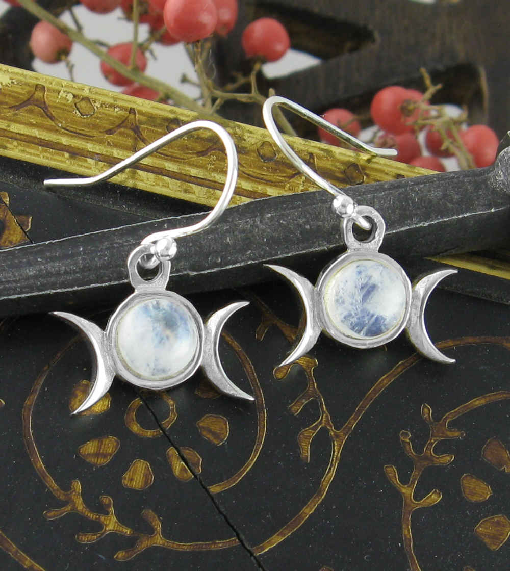 Little Triple Moon Moonstone Drop Earrings, Handmade