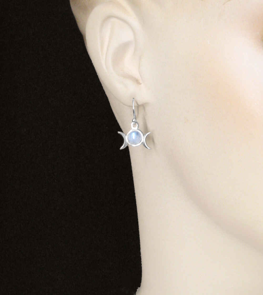 Little Triple Moon Moonstone Drop Earrings, Handmade