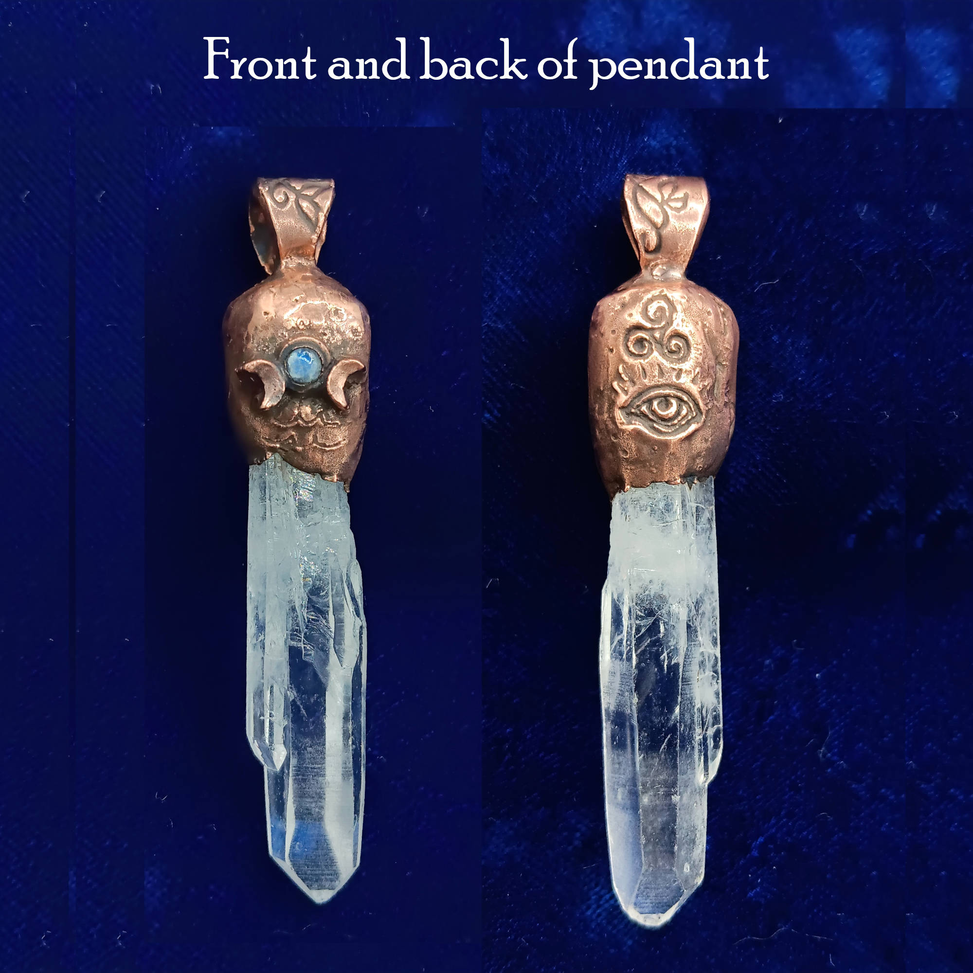 Clear Quartz Copper Pendant – Triple Moon Rune Amulet, Handmade Crystal Jewelry