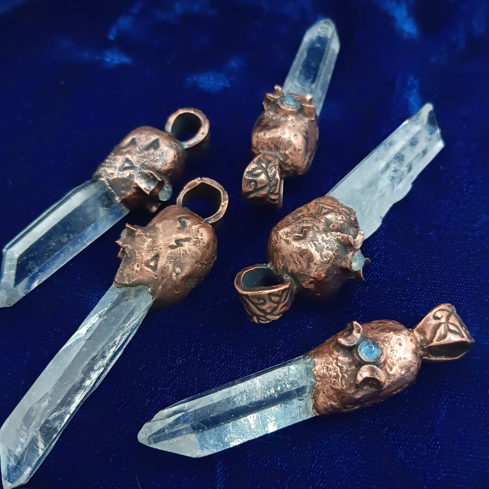 Clear Quartz Copper Pendant – Triple Moon Rune Amulet, Handmade Crystal Jewelry