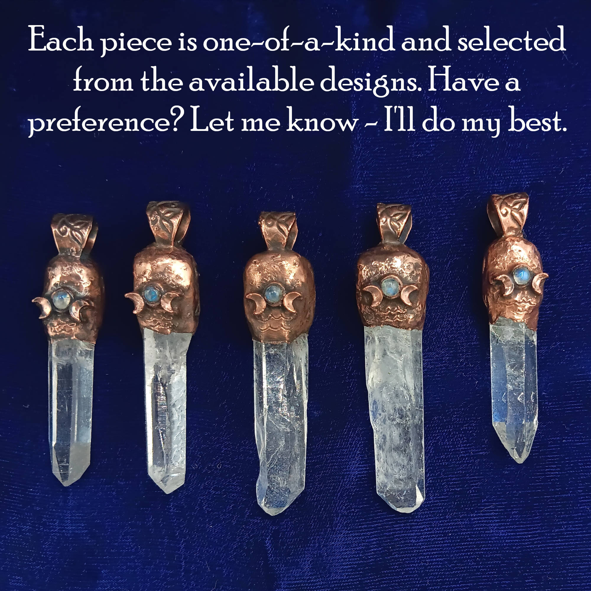 Clear Quartz Copper Pendant – Triple Moon Rune Amulet, Handmade Crystal Jewelry