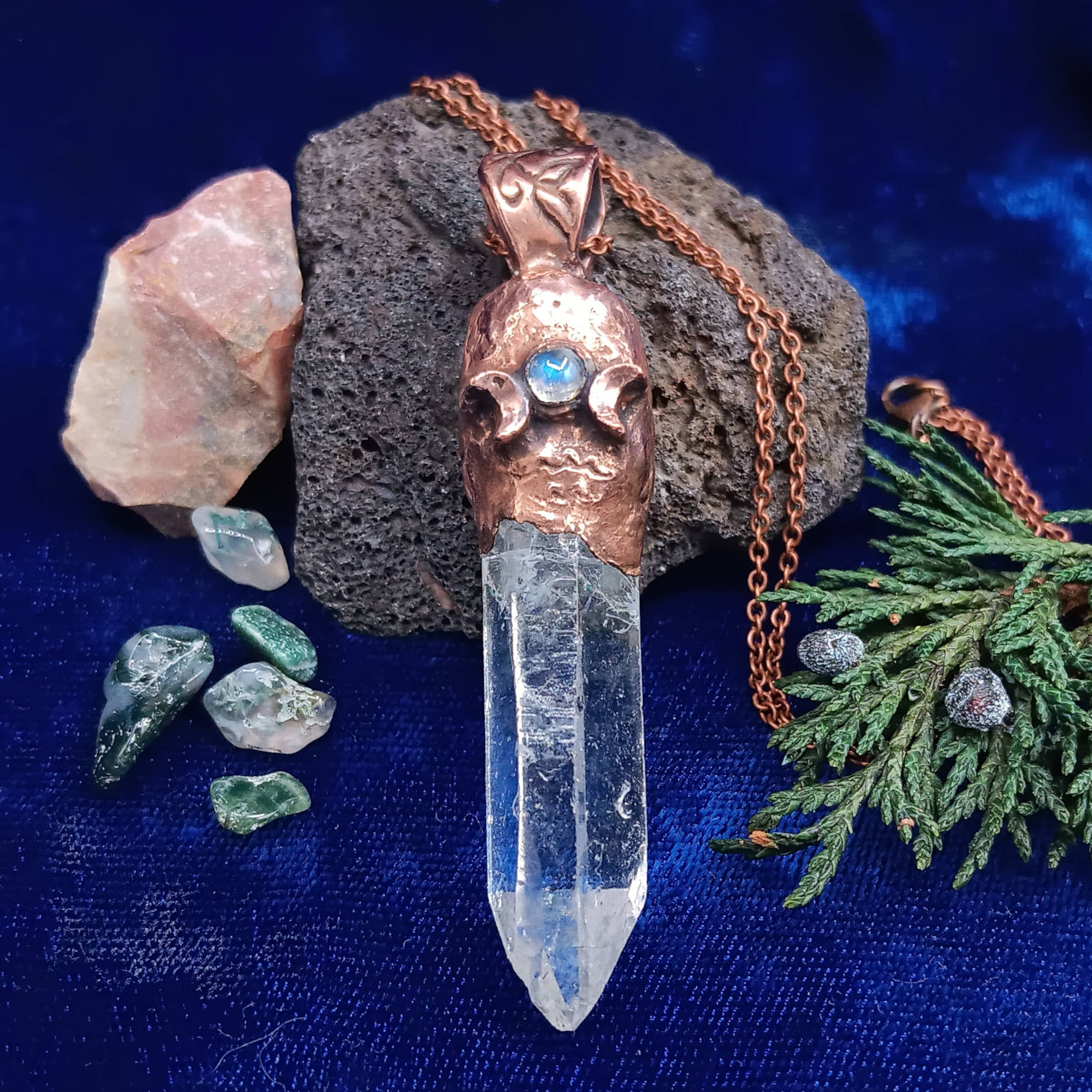 Clear Quartz Copper Pendant – Triple Moon Rune Amulet, Handmade Crystal Jewelry