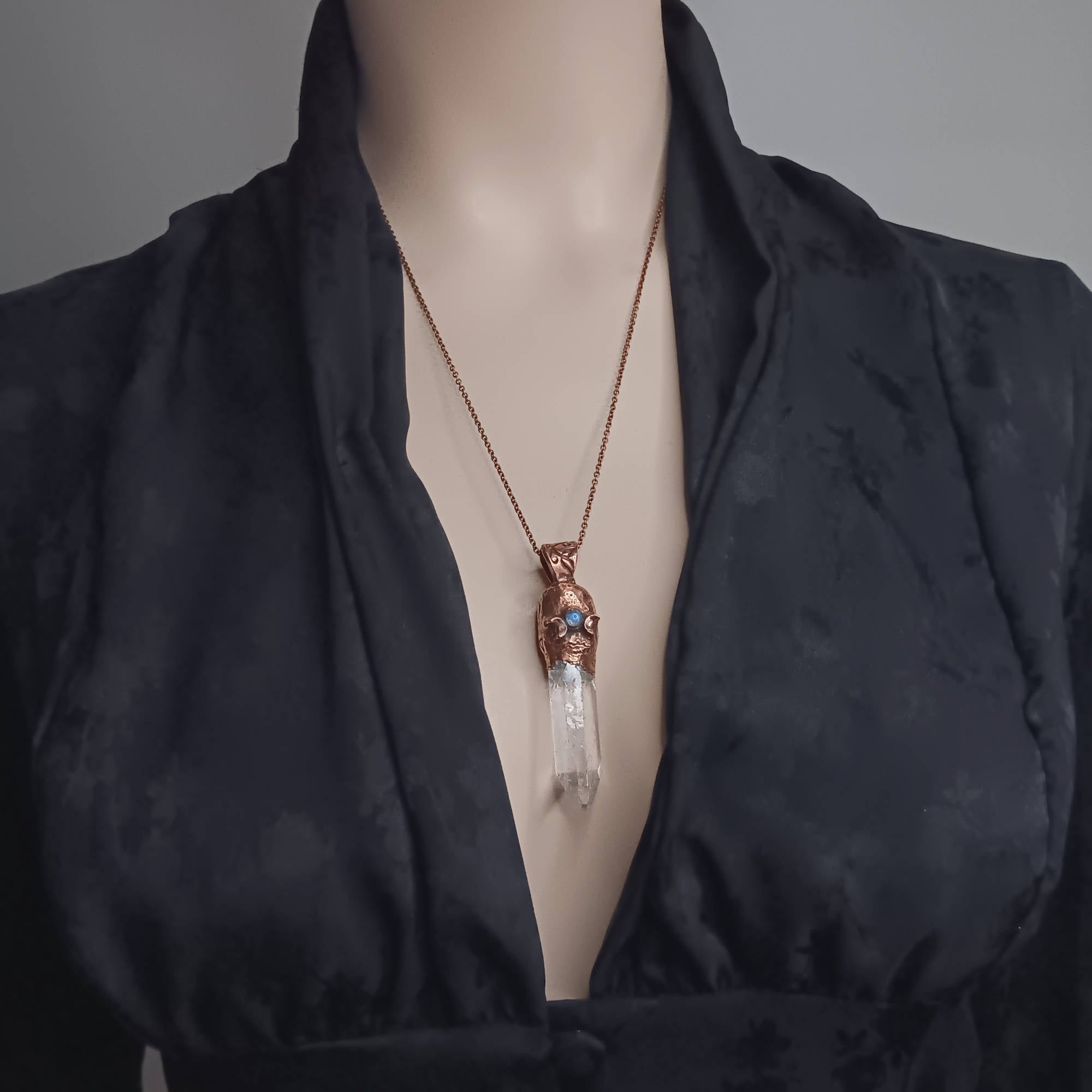 Clear Quartz Copper Pendant – Triple Moon Rune Amulet, Handmade Crystal Jewelry
