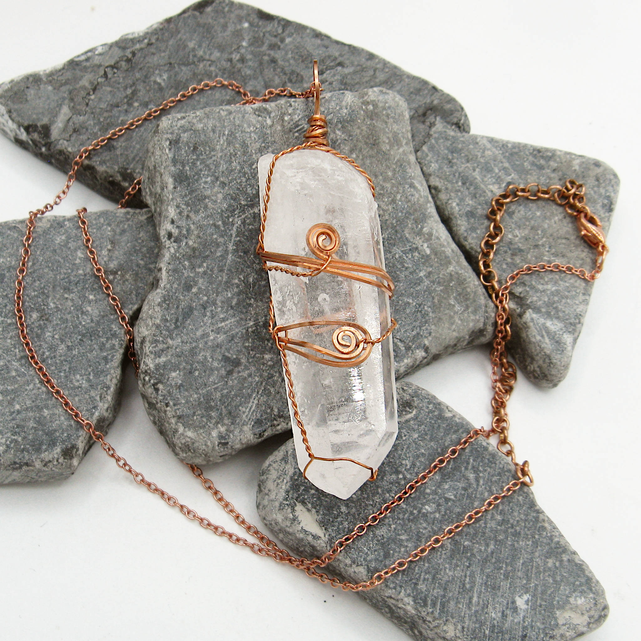 Raw Quartz Crystal Point Pendant – Copper Wire Wrapped Necklace, Handmade
