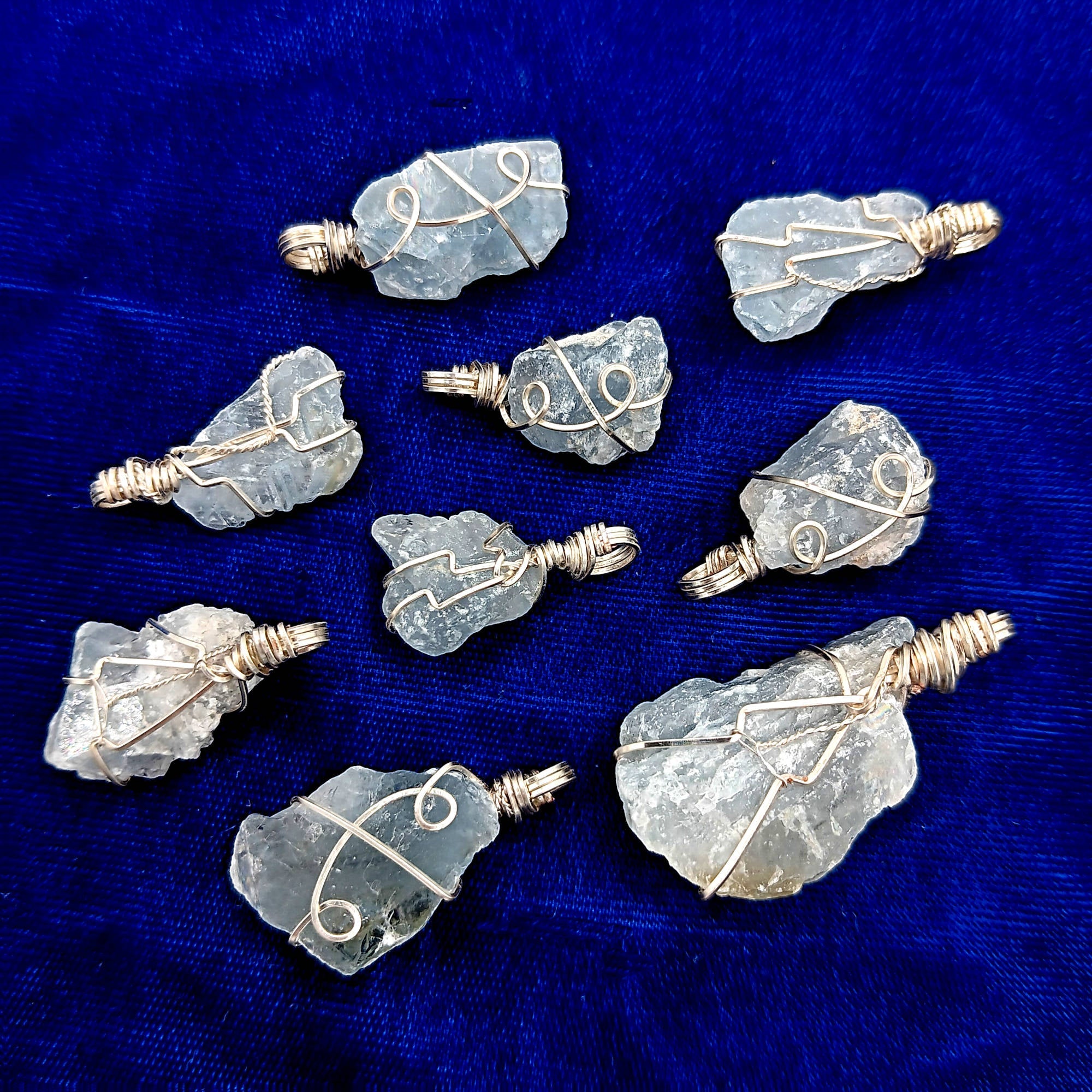 Raw Blue Celestite Crystal Pendant, Silver Wire-Wrapped, Handmade