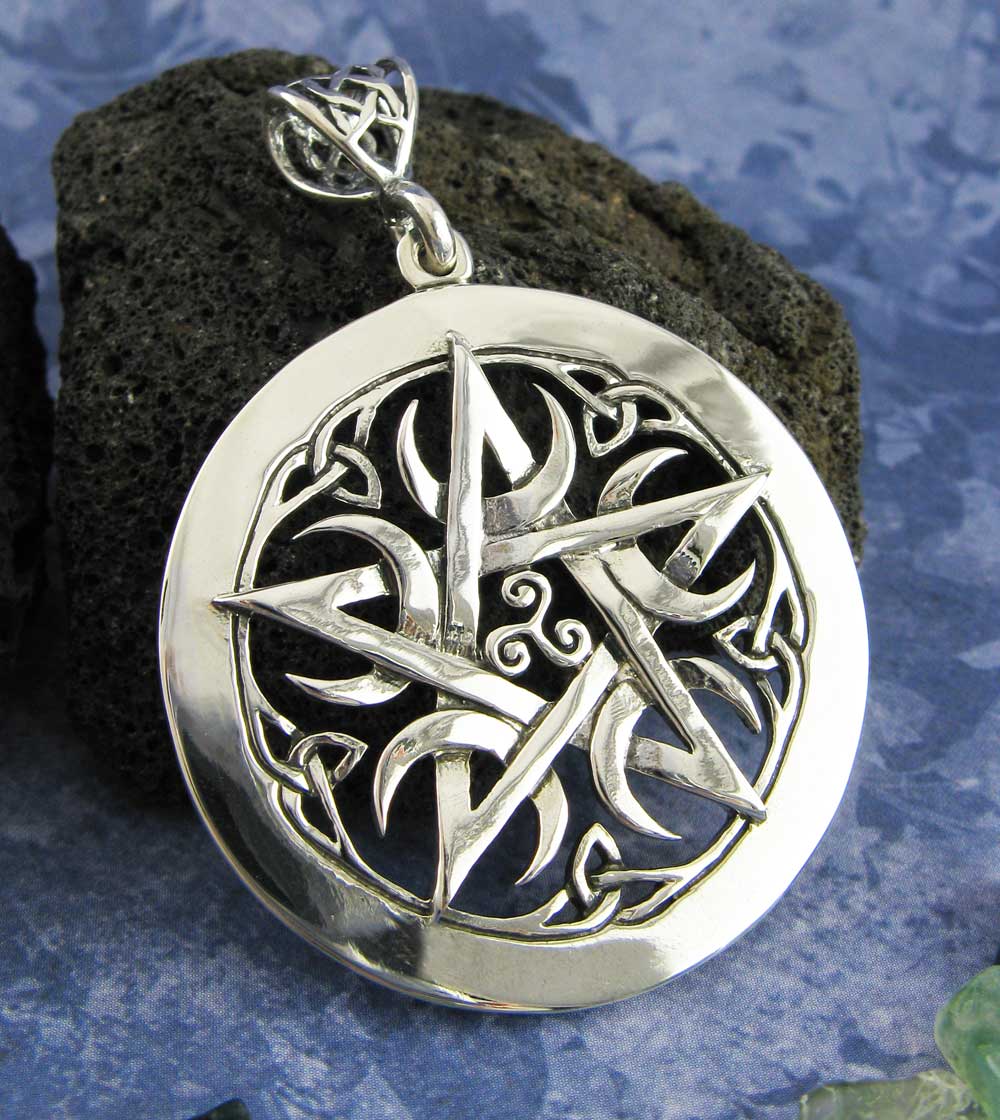 Large 1.5" Five Crescent Moons Celtic Pentacle Pendant, Handmade