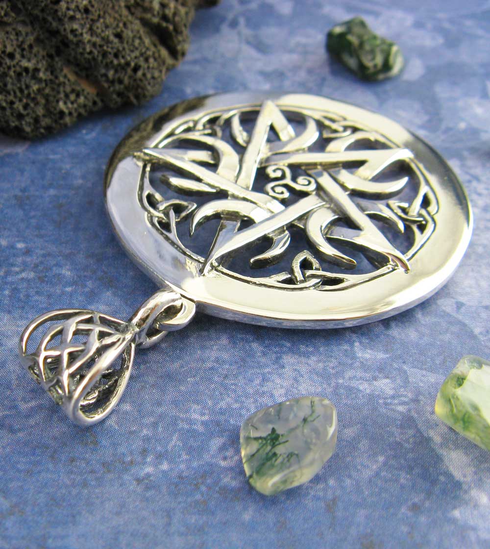 Large 1.5" Five Crescent Moons Celtic Pentacle Pendant, Handmade