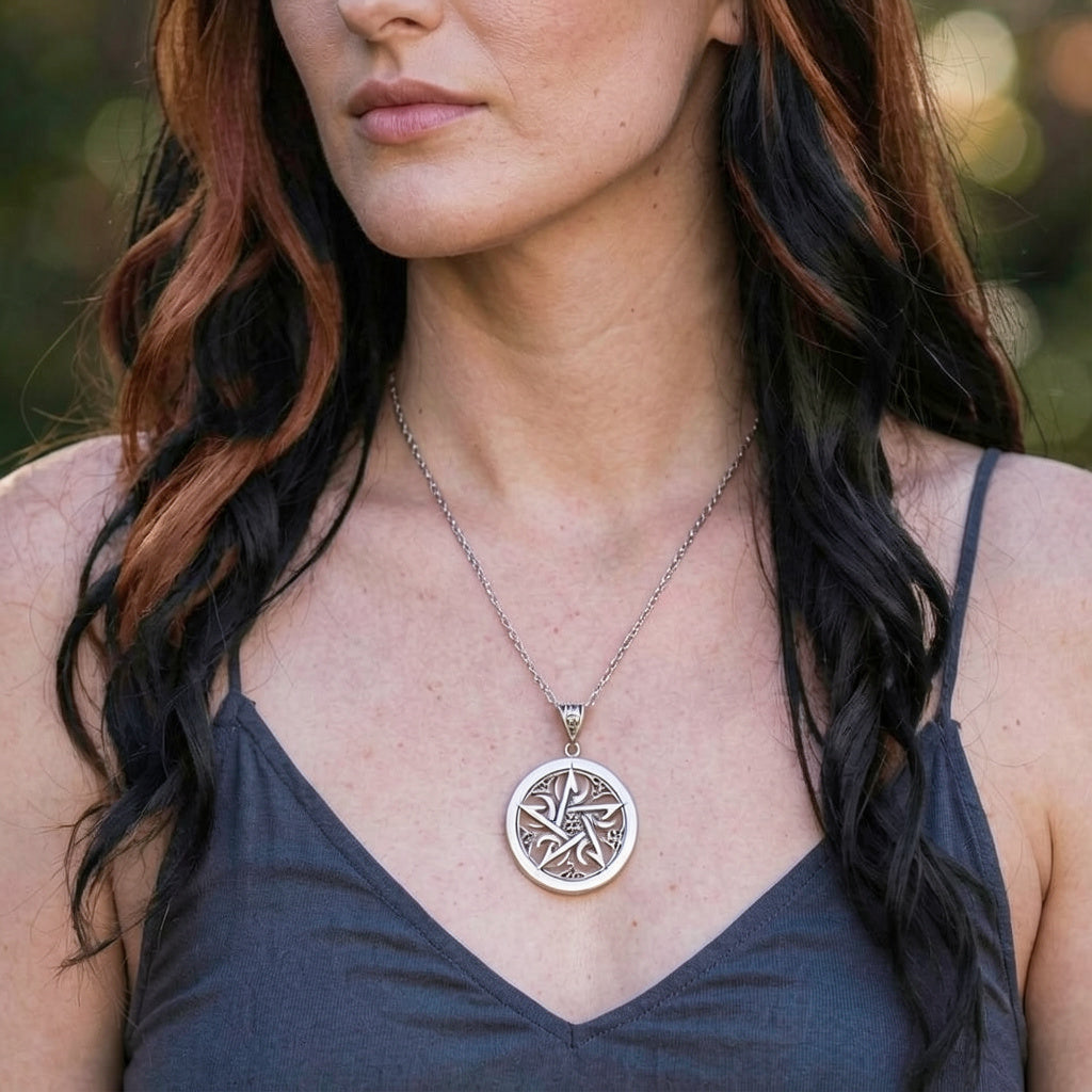 Large 1.5" Five Crescent Moons Celtic Pentacle Pendant, Handmade