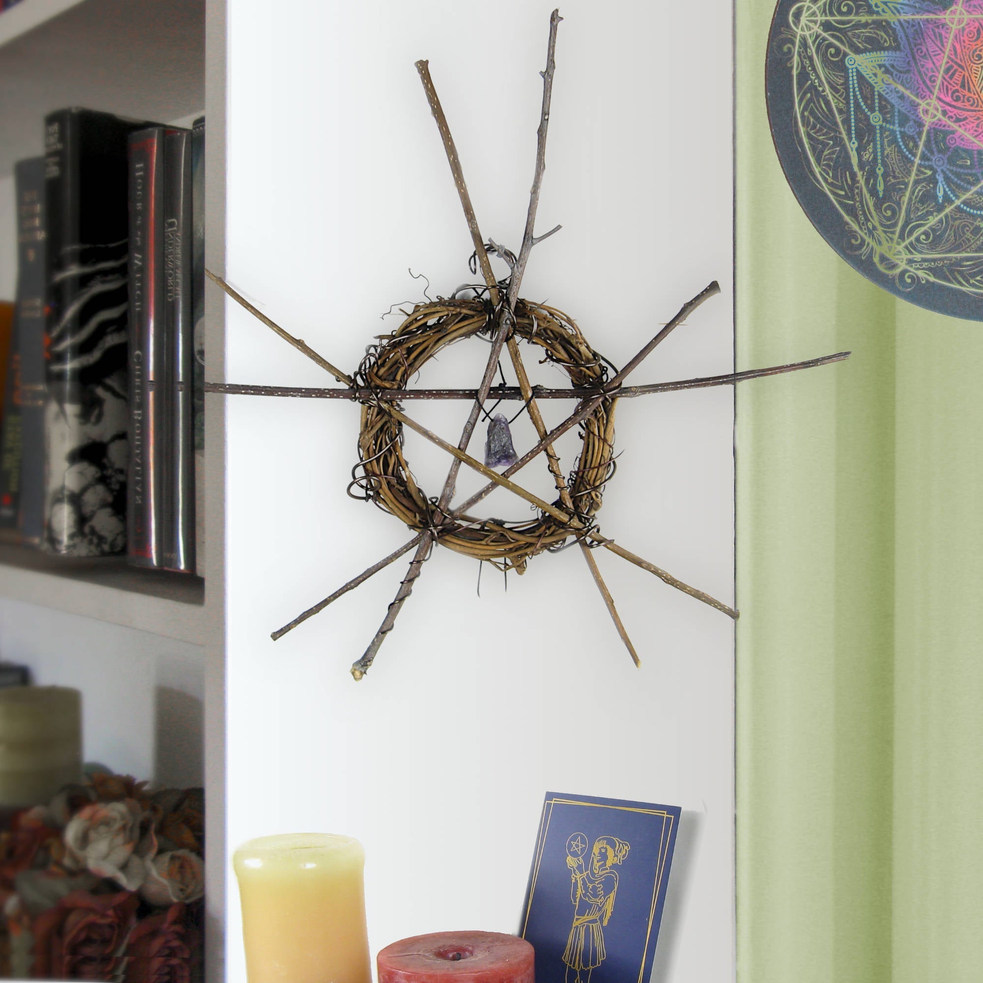 Wall Hanging: Small Wreath, Rustic Twig Pentagram, Amethyst, Quartz - Handcrafted