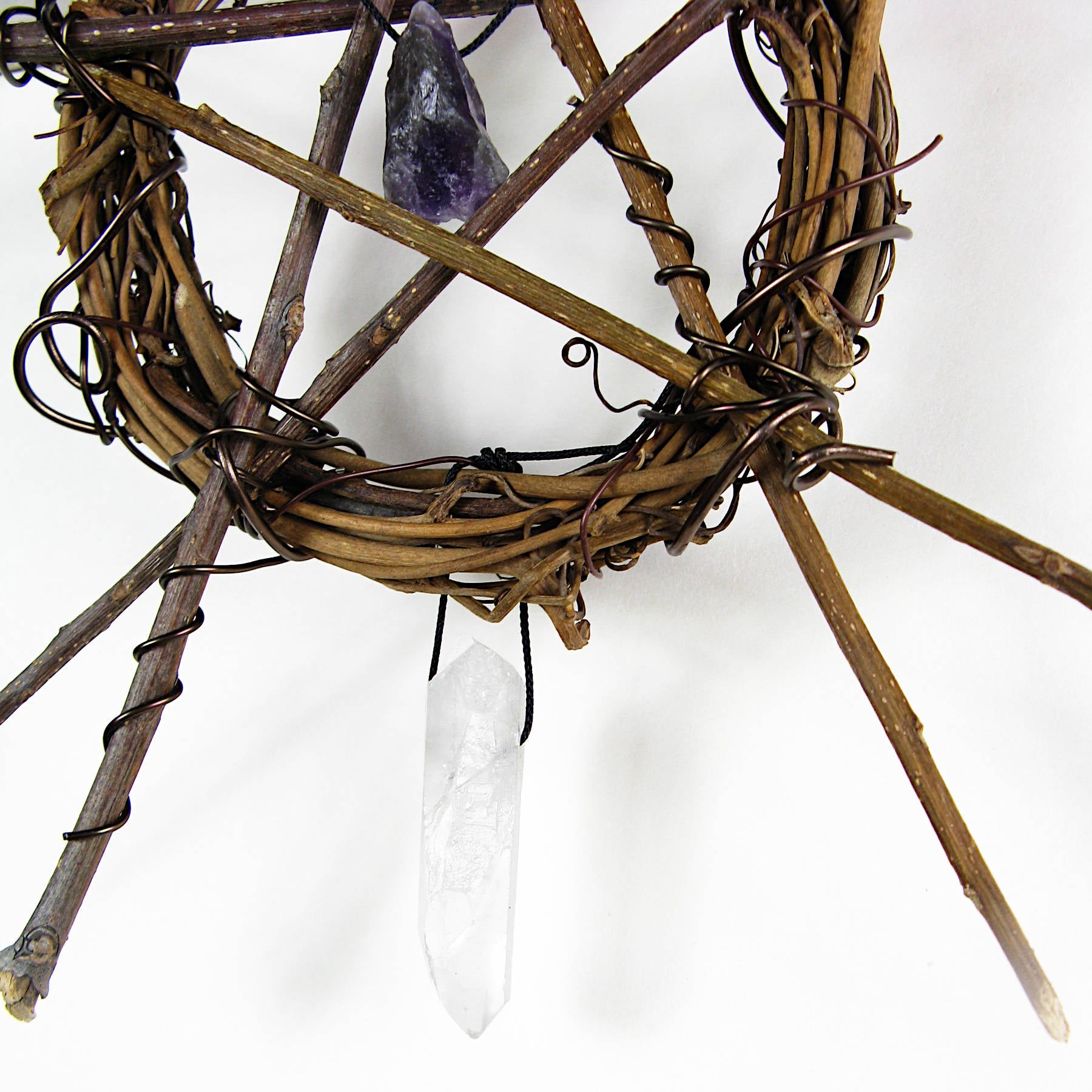 Wall Hanging: Small Wreath, Rustic Twig Pentagram, Amethyst, Quartz - Handcrafted