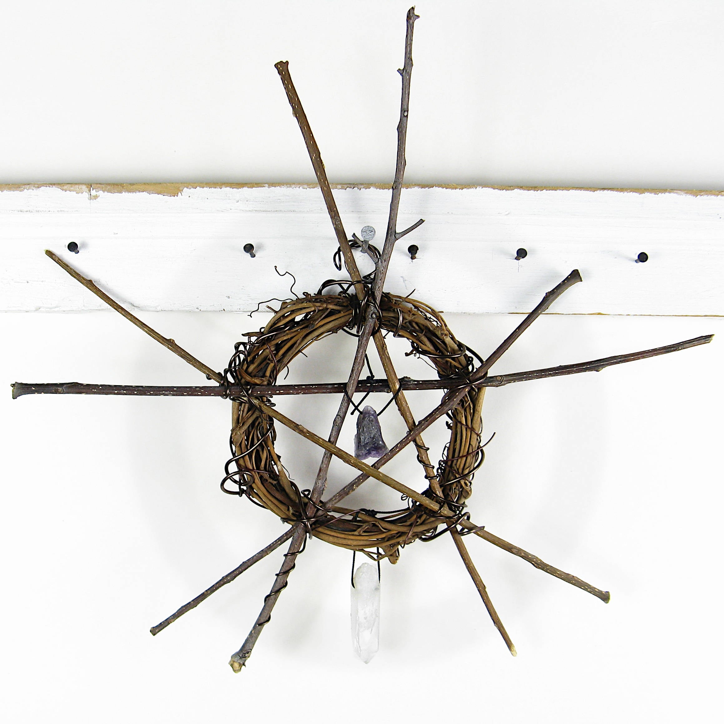 Wall Hanging: Small Wreath, Rustic Twig Pentagram, Amethyst, Quartz - Handcrafted