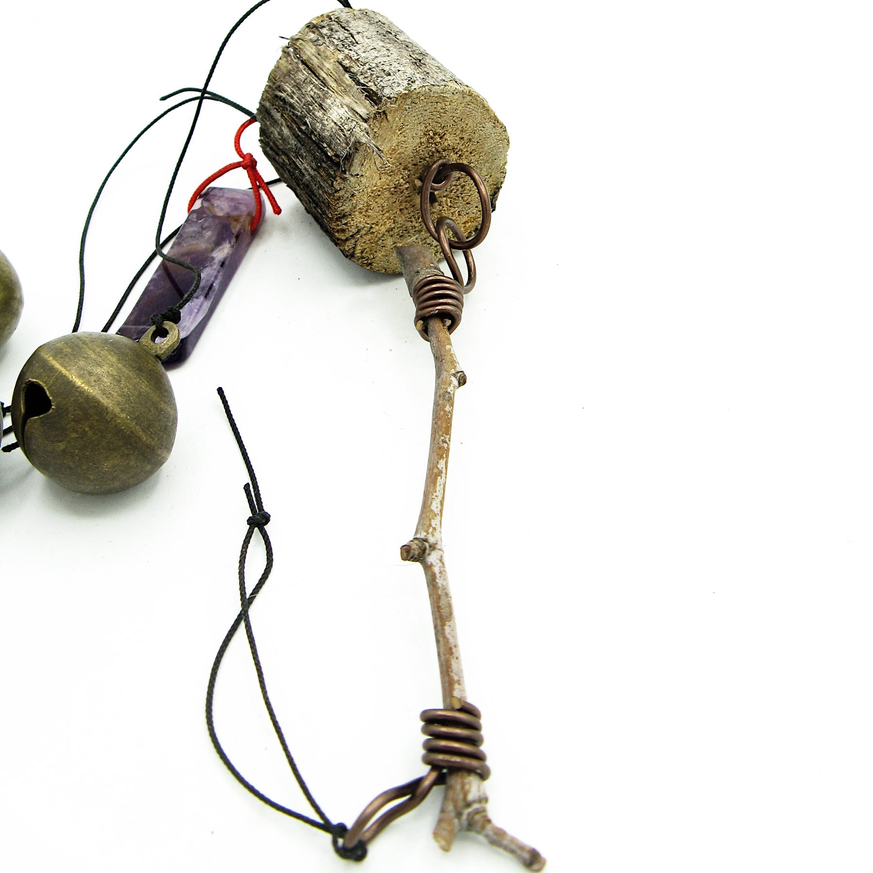 3 Sleigh Bells with Polished Amethyst and Branch Twigs - Handcrafted