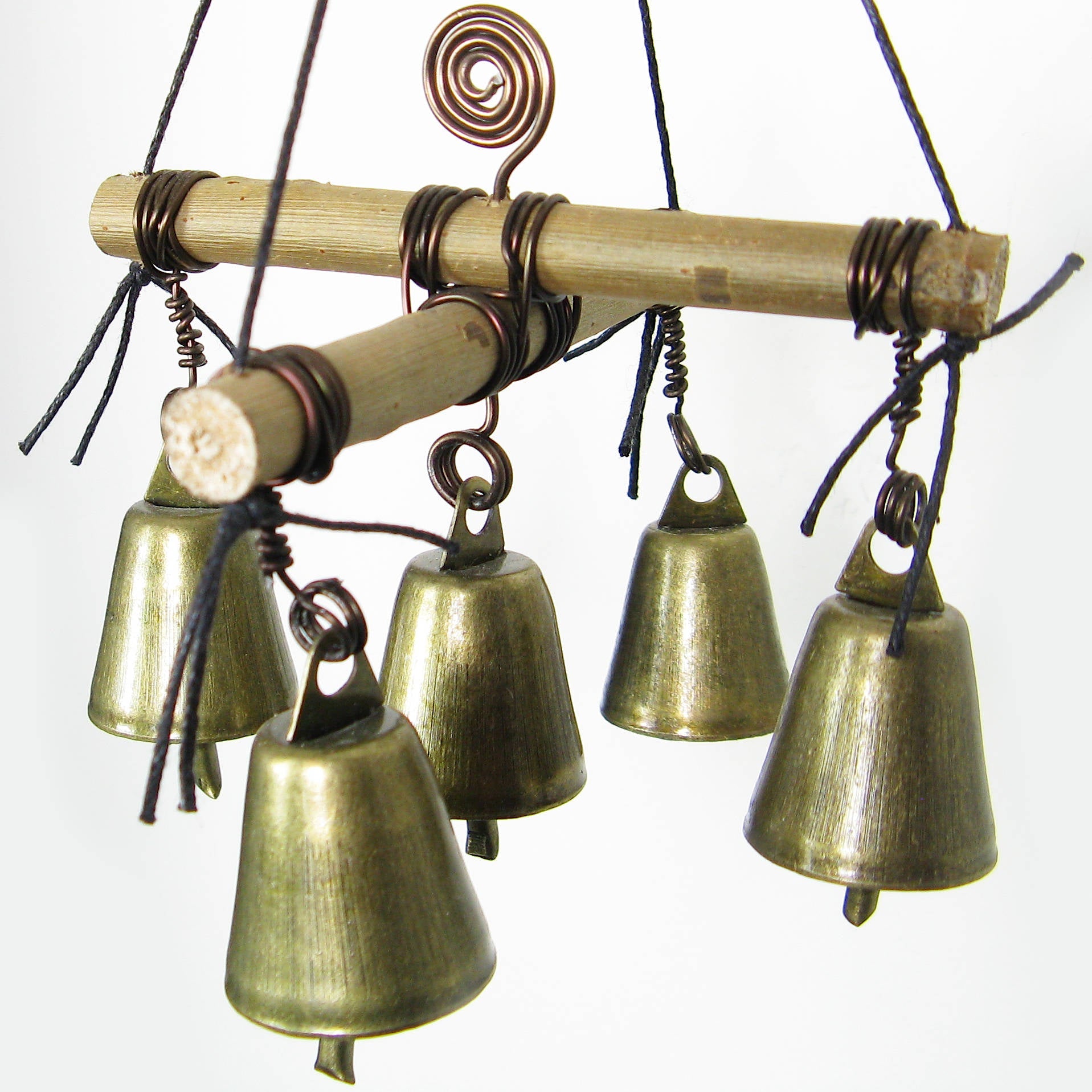 Hanging Witch's Bell with Cross of Twigs, Five Bells, Spiral - Handcrafted
