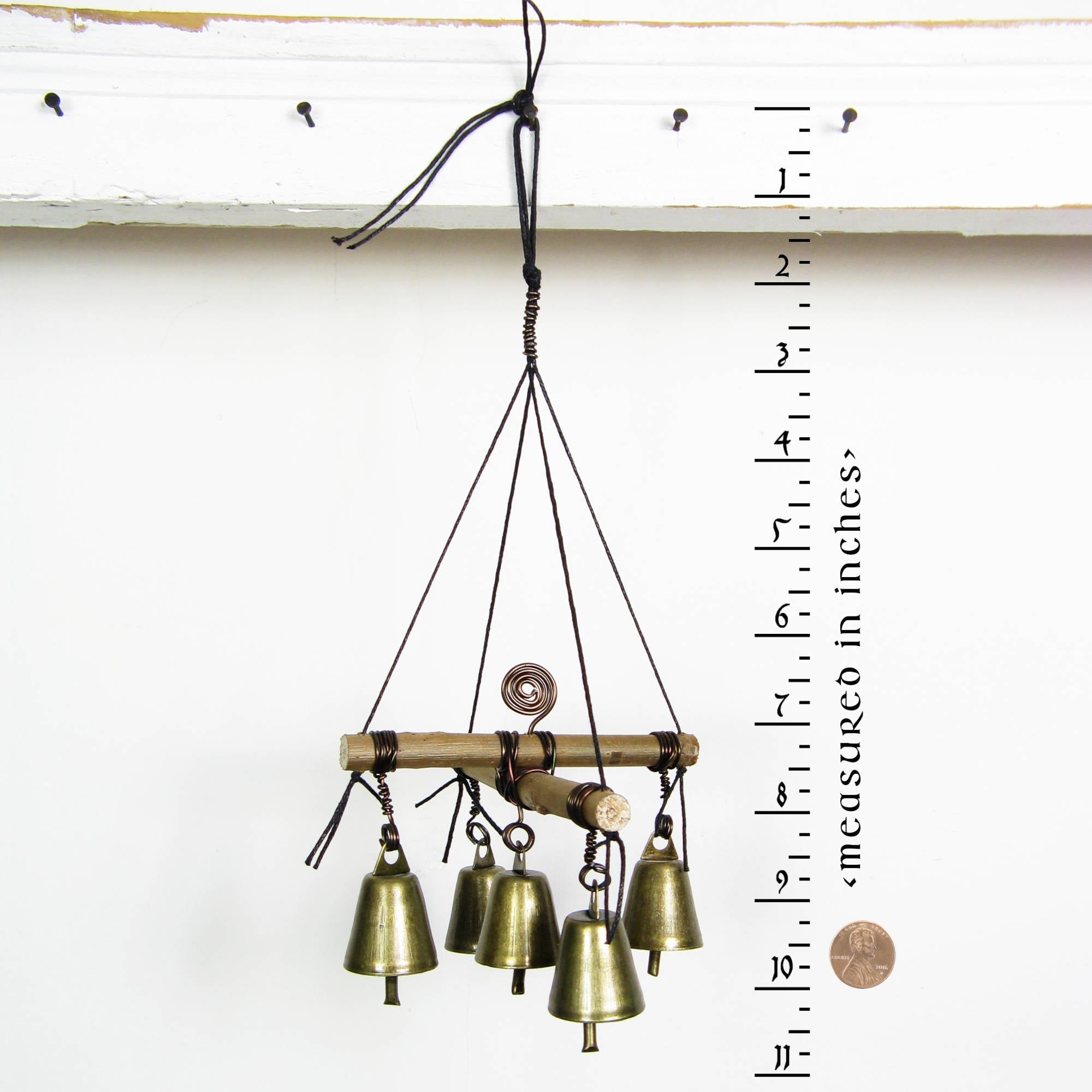 Hanging Witch's Bell with Cross of Twigs, Five Bells, Spiral - Handcrafted