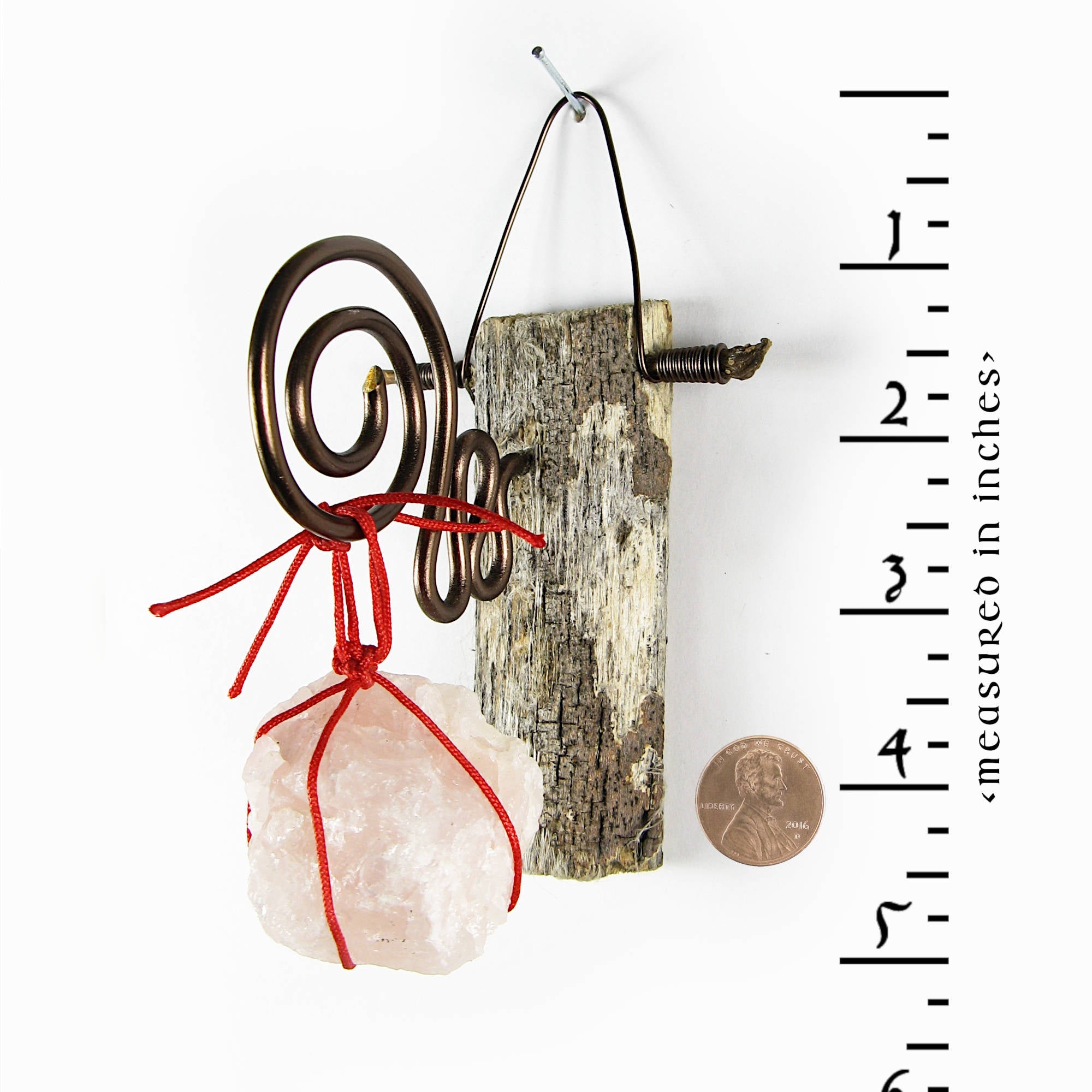 Wall Hanging: Weathered Branch with Rose Quartz and Spiral Bracket - Handcrafted