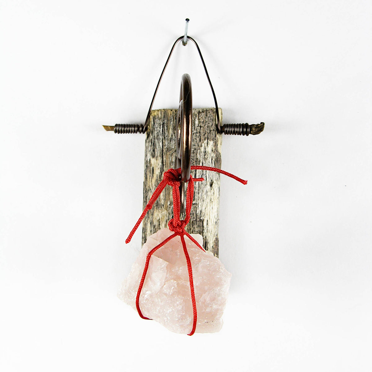 Wall Hanging: Weathered Branch with Rose Quartz and Spiral Bracket - Handcrafted