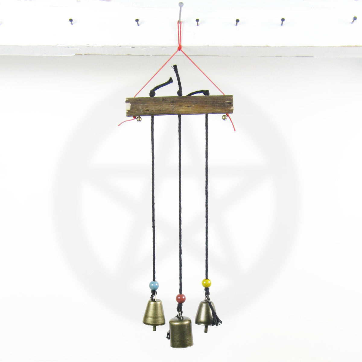 Witch's Bell: Three Bells on Long Black Cords Hanging from Branch - Handcrafted