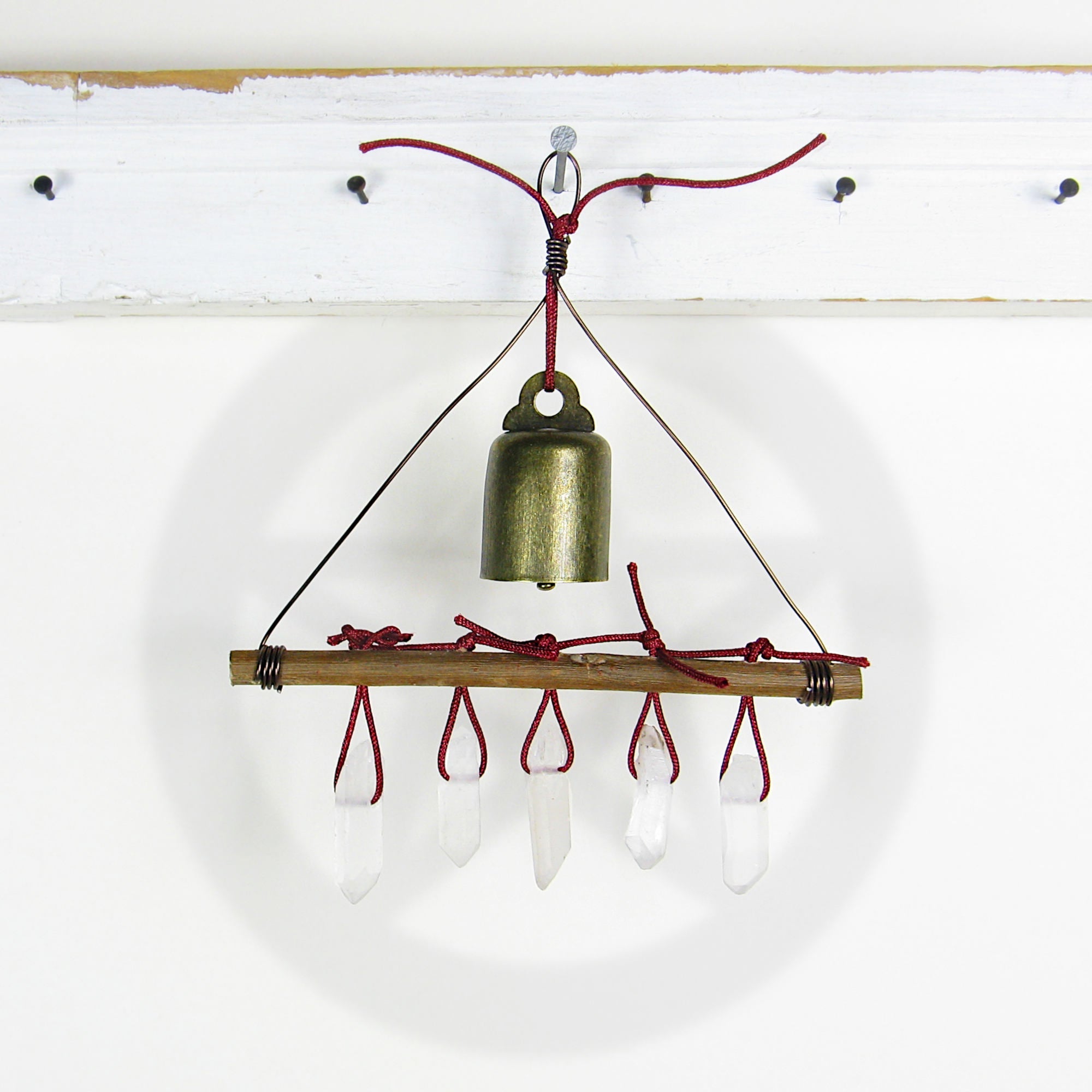 Witch's Bell with 5 Quartz Crystal Points and Twig - Handcrafted