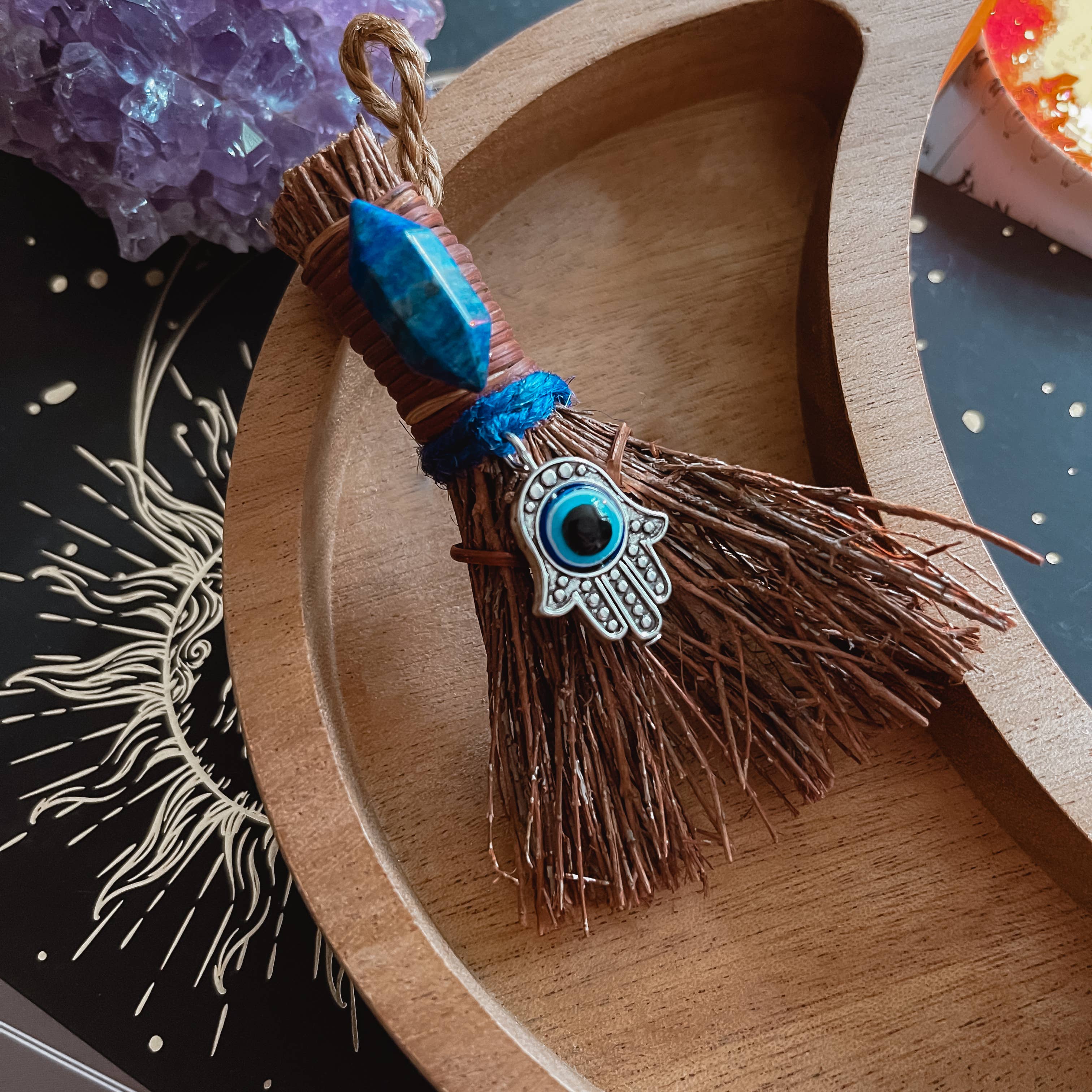 Evil Eye Mini Witch's Besom, Witchy Altar Broom Lapis Lazuli: Size: 3" Unscented