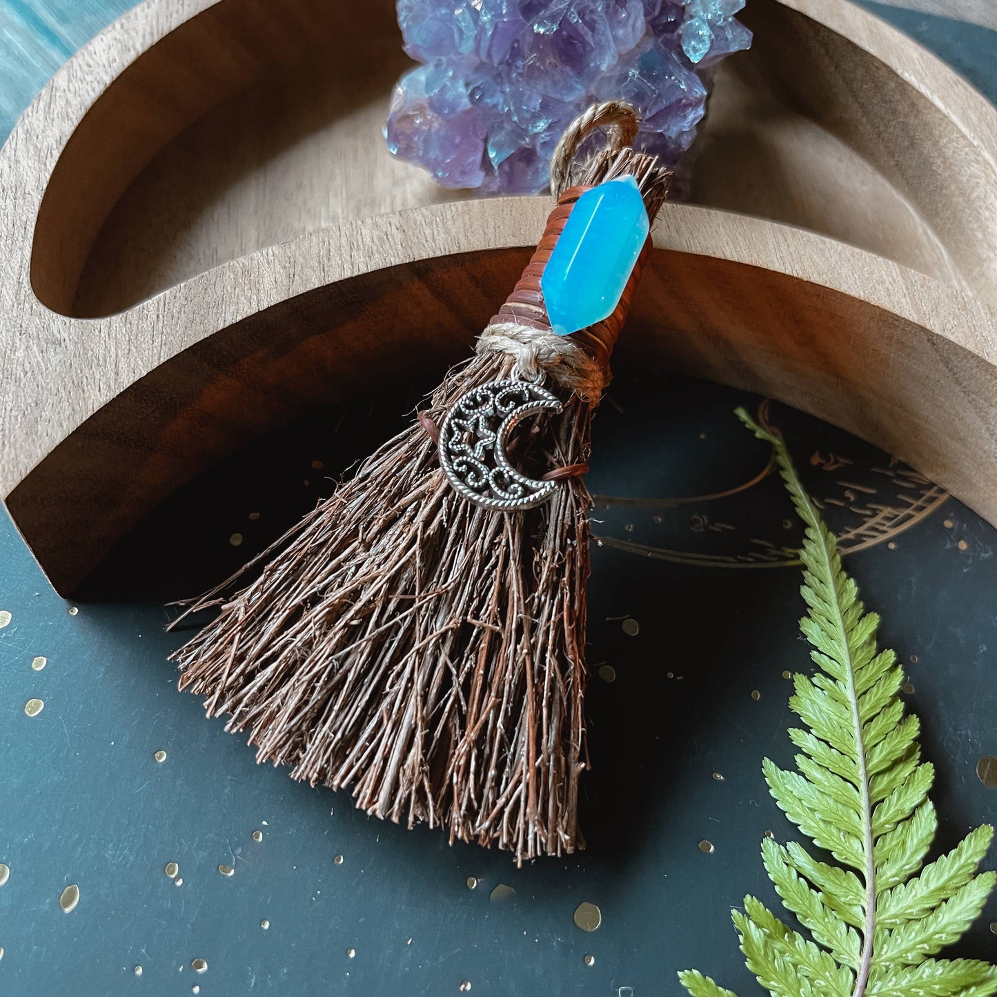 Opalite Moon Mini Witch's Besom, Witchy Altar Broom 3": Unscented