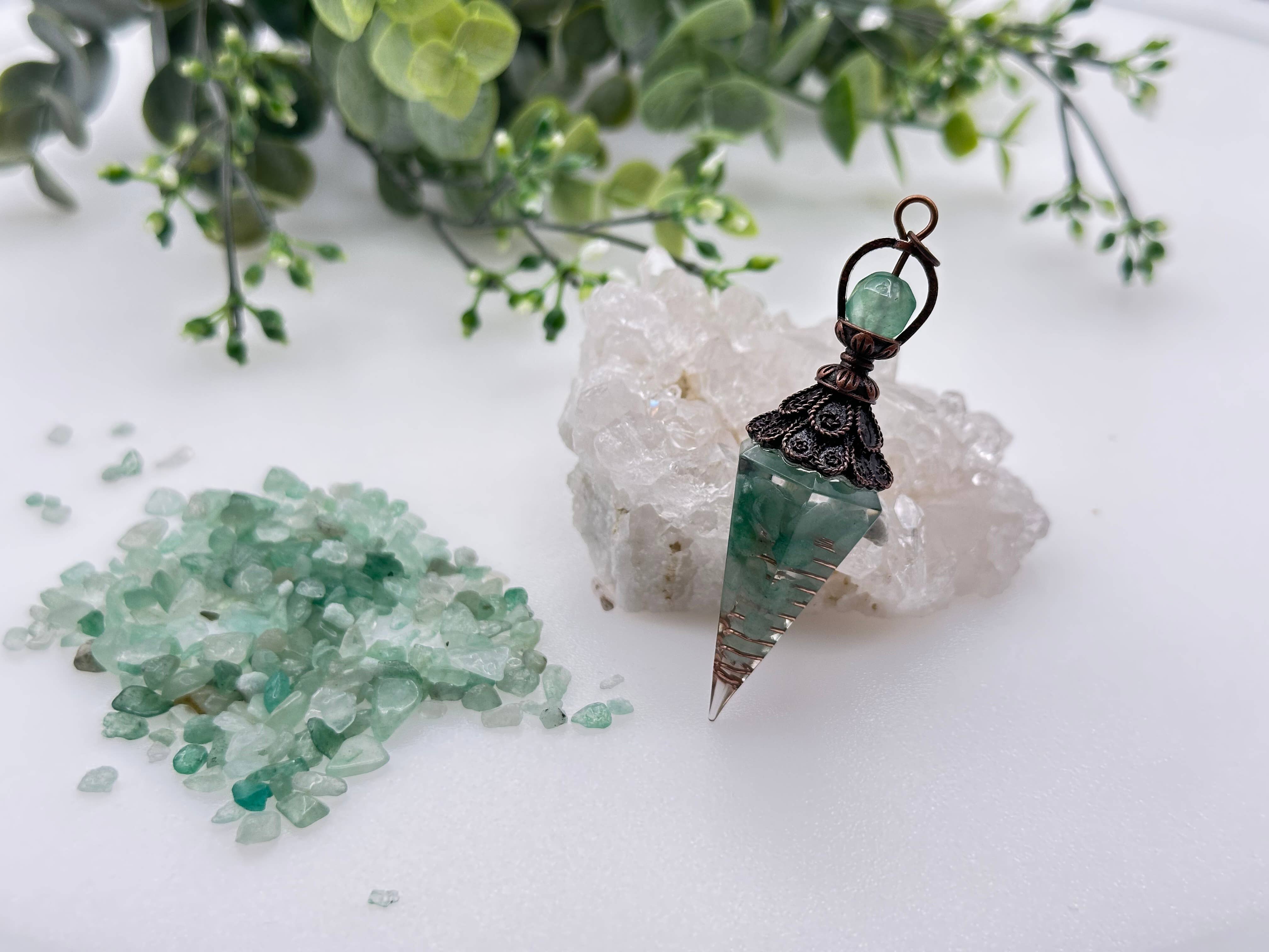 Green Aventurine Gemstone Chips w/ Copper &amp; Resin Pendulum