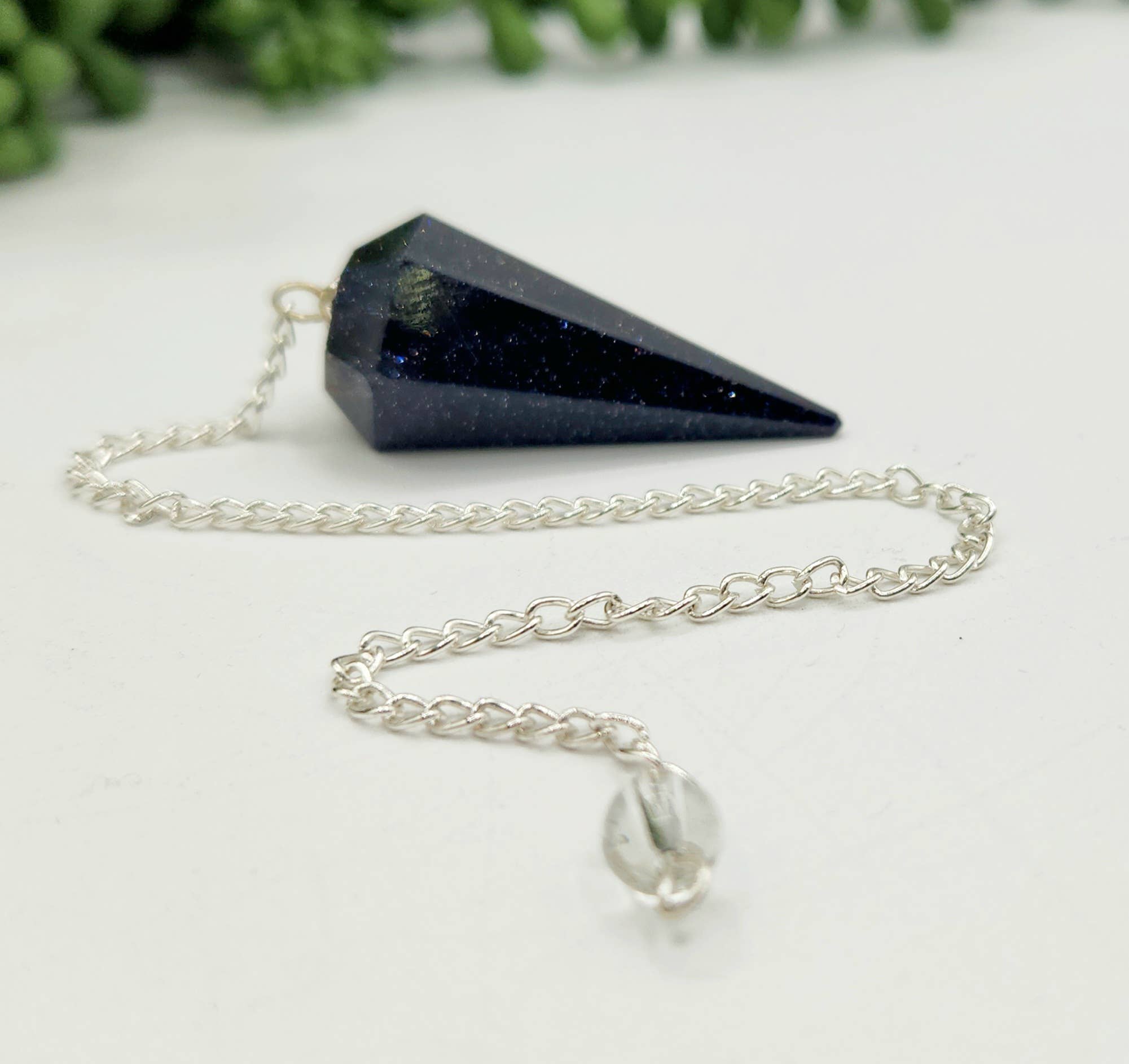 Blue Goldstone Pendulum w/Silver Plated Chain&amp; Clear Quartz