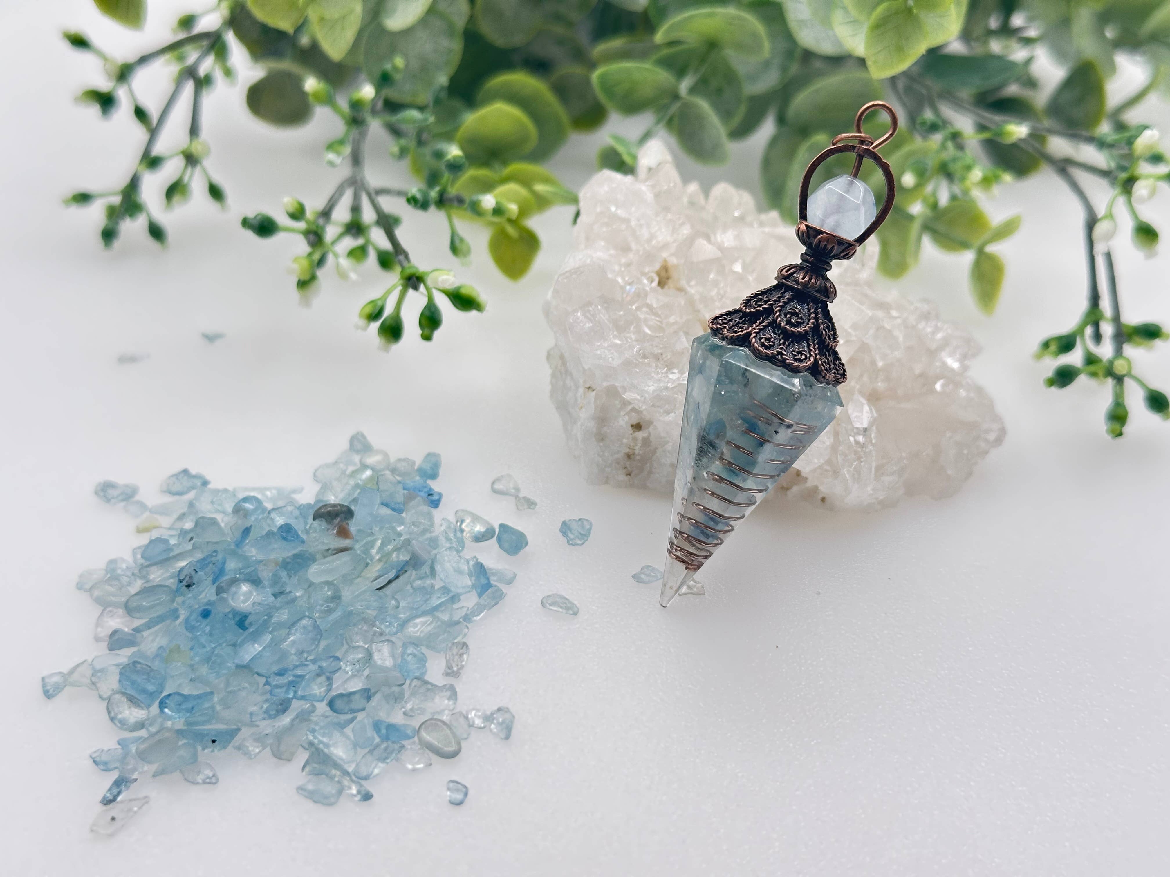 Aquamarine Gemstone Chips w/ Copper in Resin Pendulum