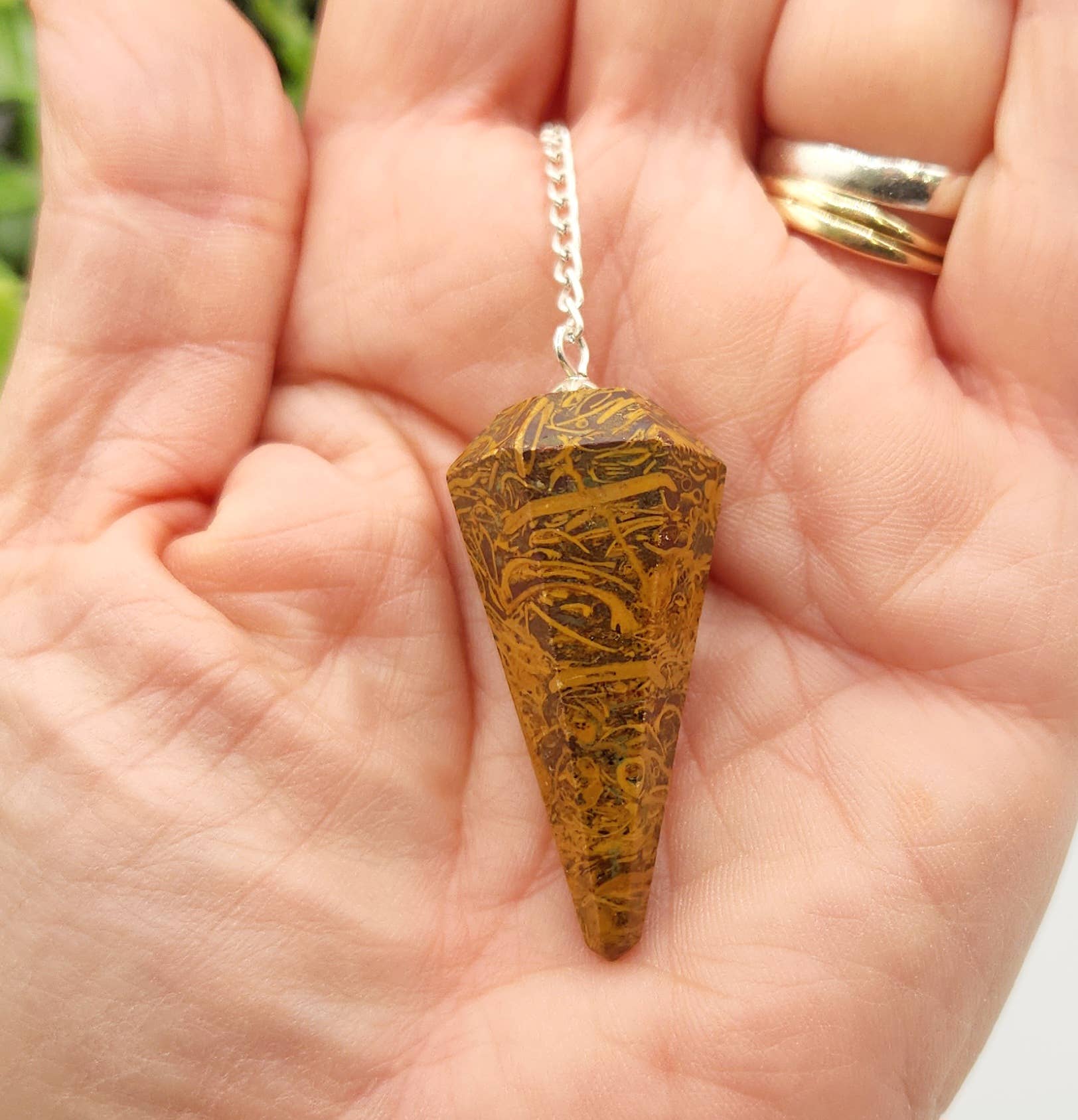 Calligraphy Jasper Pendulum w/Silver Plated Chain