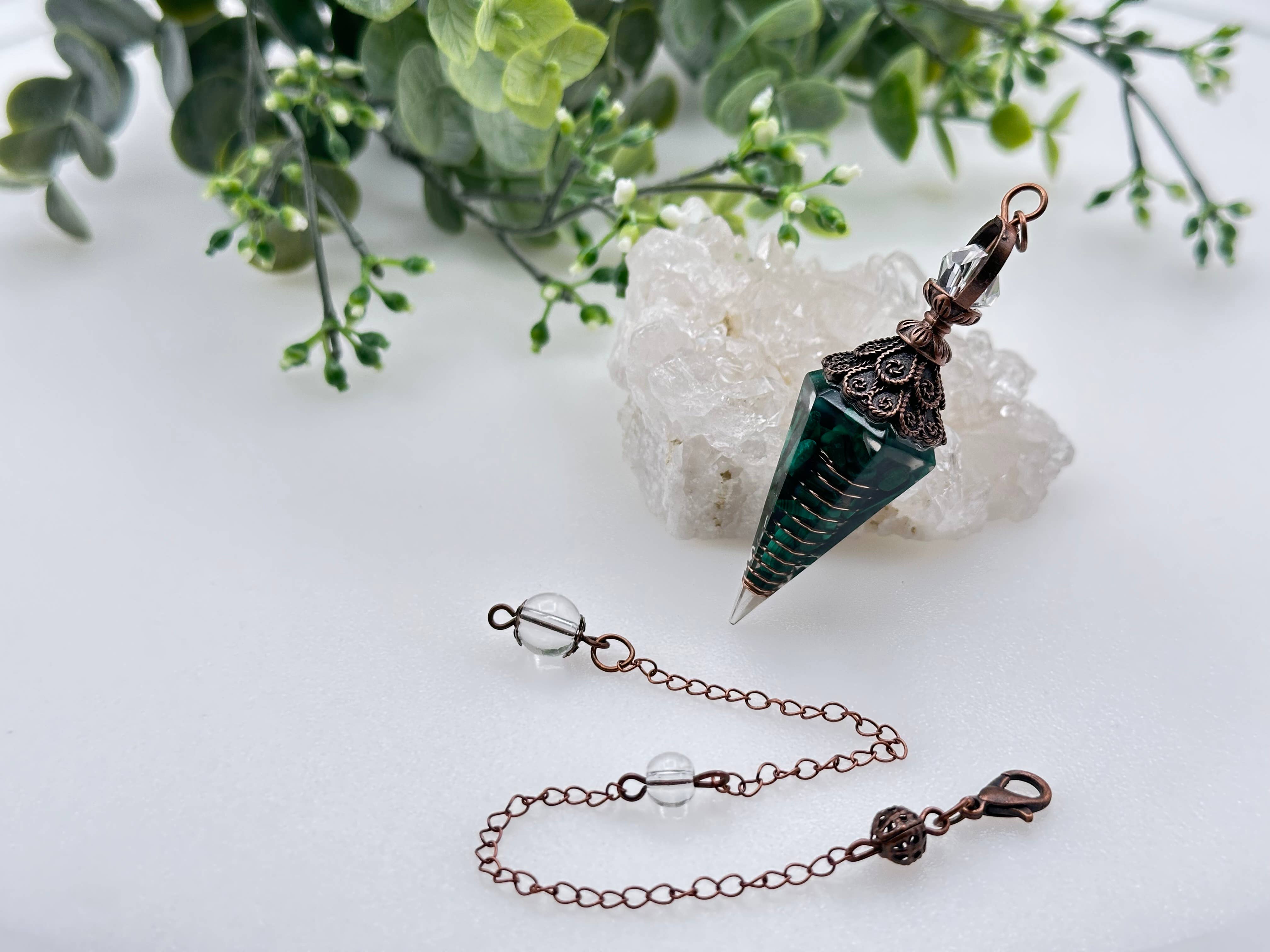 Malachite Gemstone (Natural) Chips w/Copper - Resin Pendulum