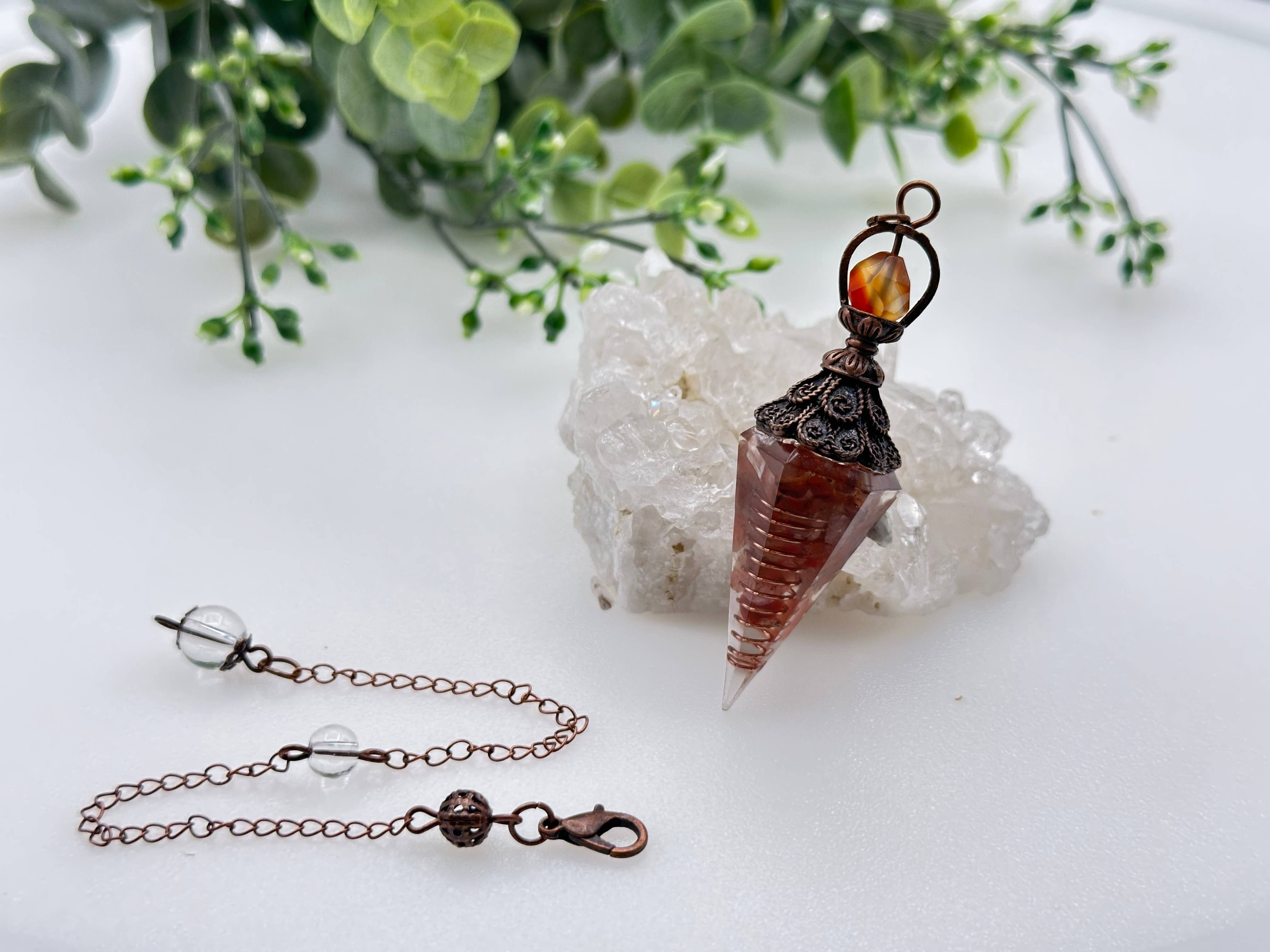 Carnelian Gemstone Chips with Copper in Resin Pendulum