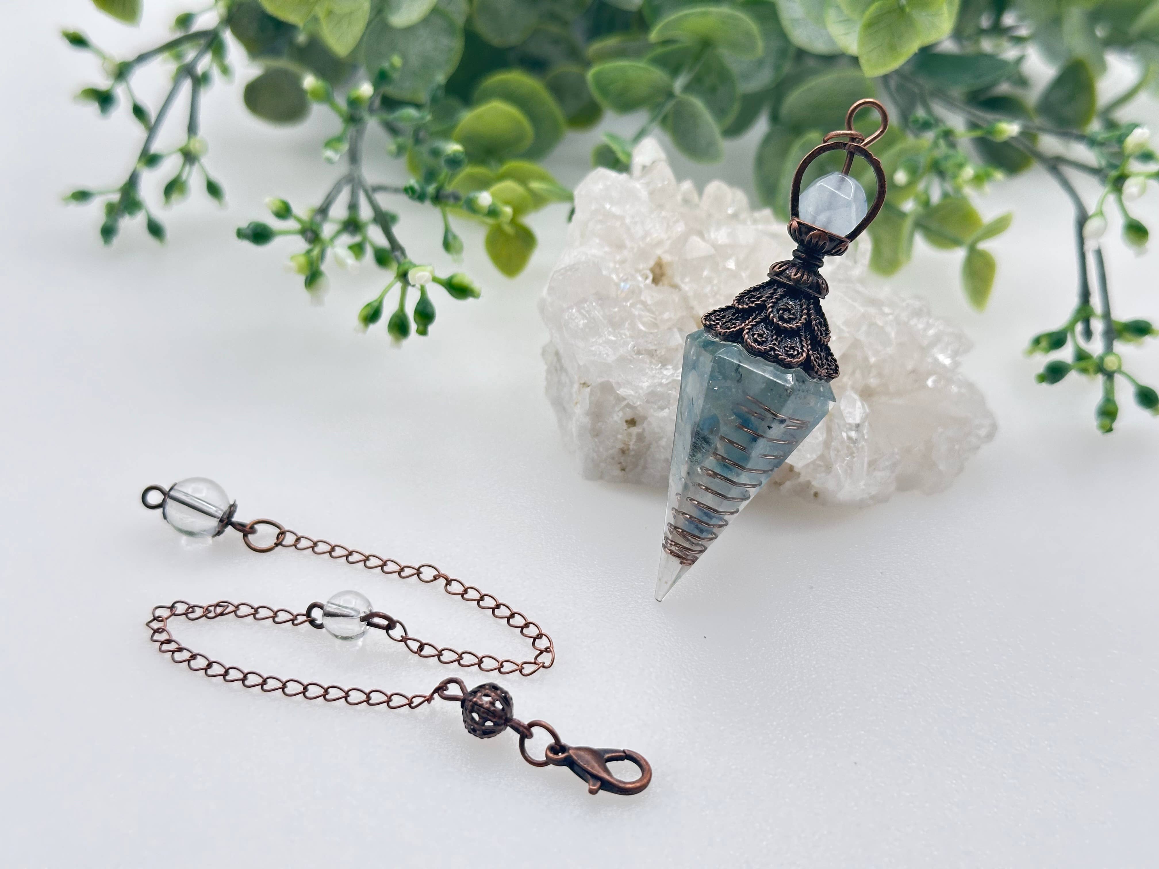 Aquamarine Gemstone Chips w/ Copper in Resin Pendulum