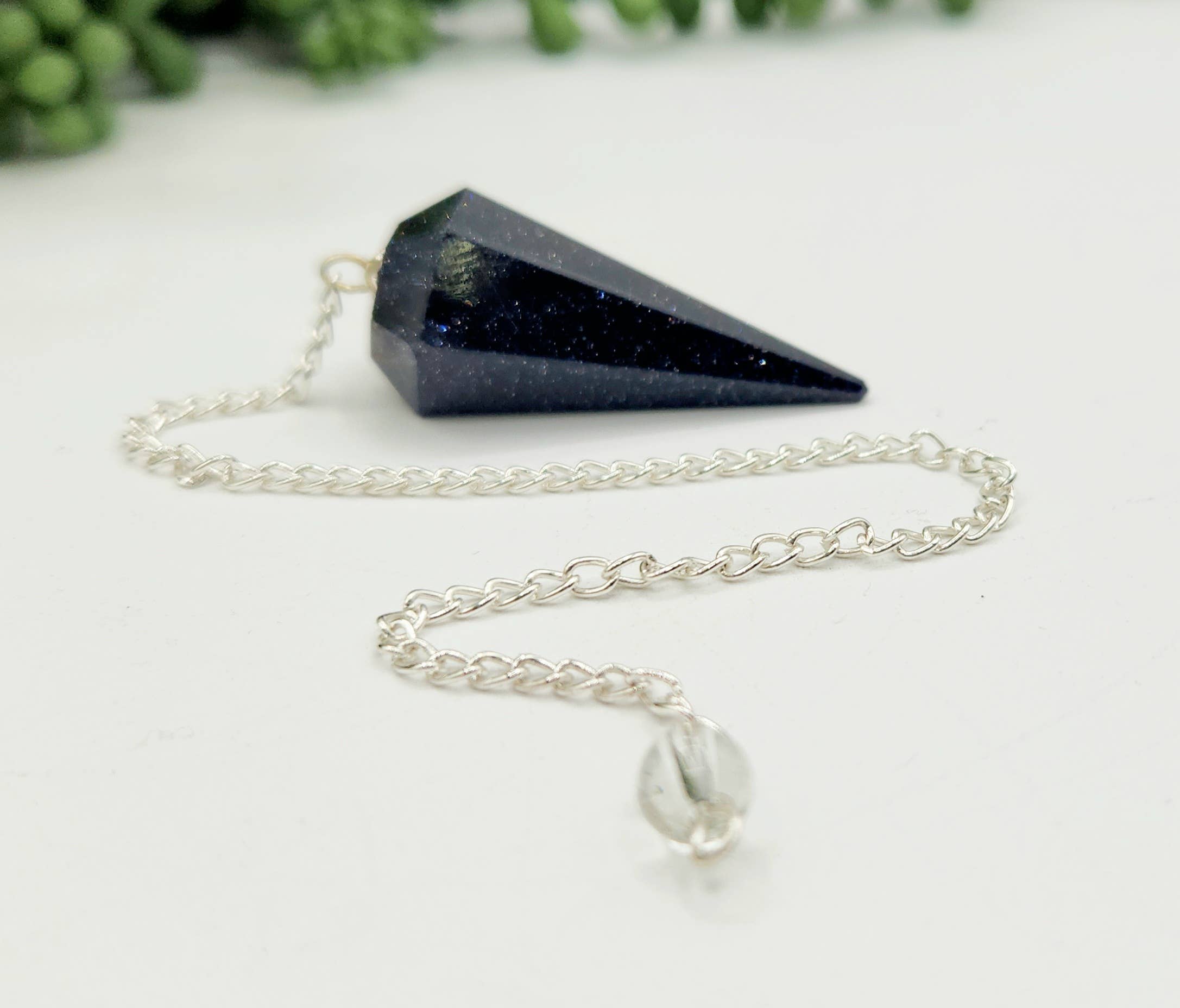 Blue Goldstone Pendulum w/Silver Plated Chain&amp; Clear Quartz