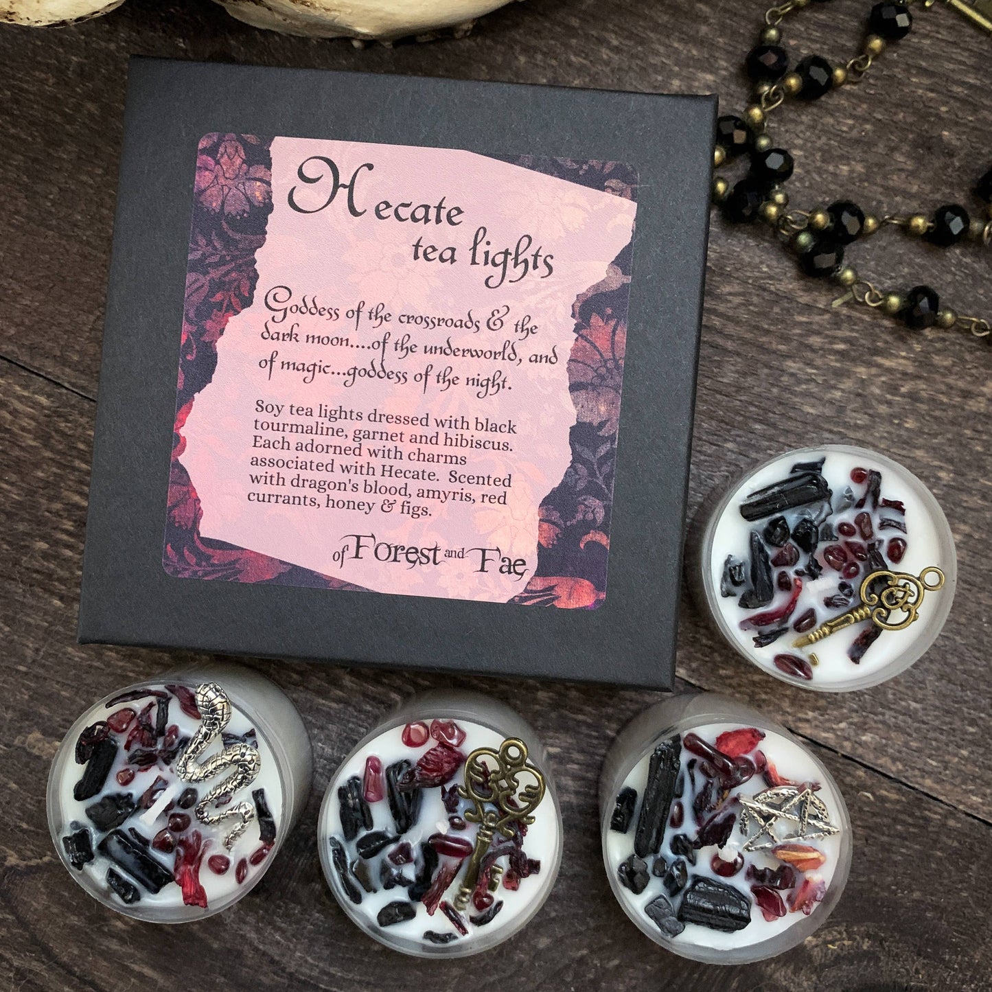 Hecate Tea Light Candle Set • Crystal & Herb Candles • Witch