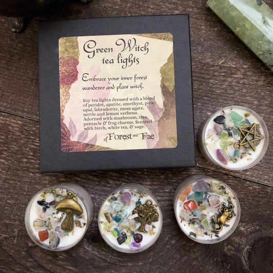 Green Witch Tea Light Candle Set • Crystal & Herb Candles