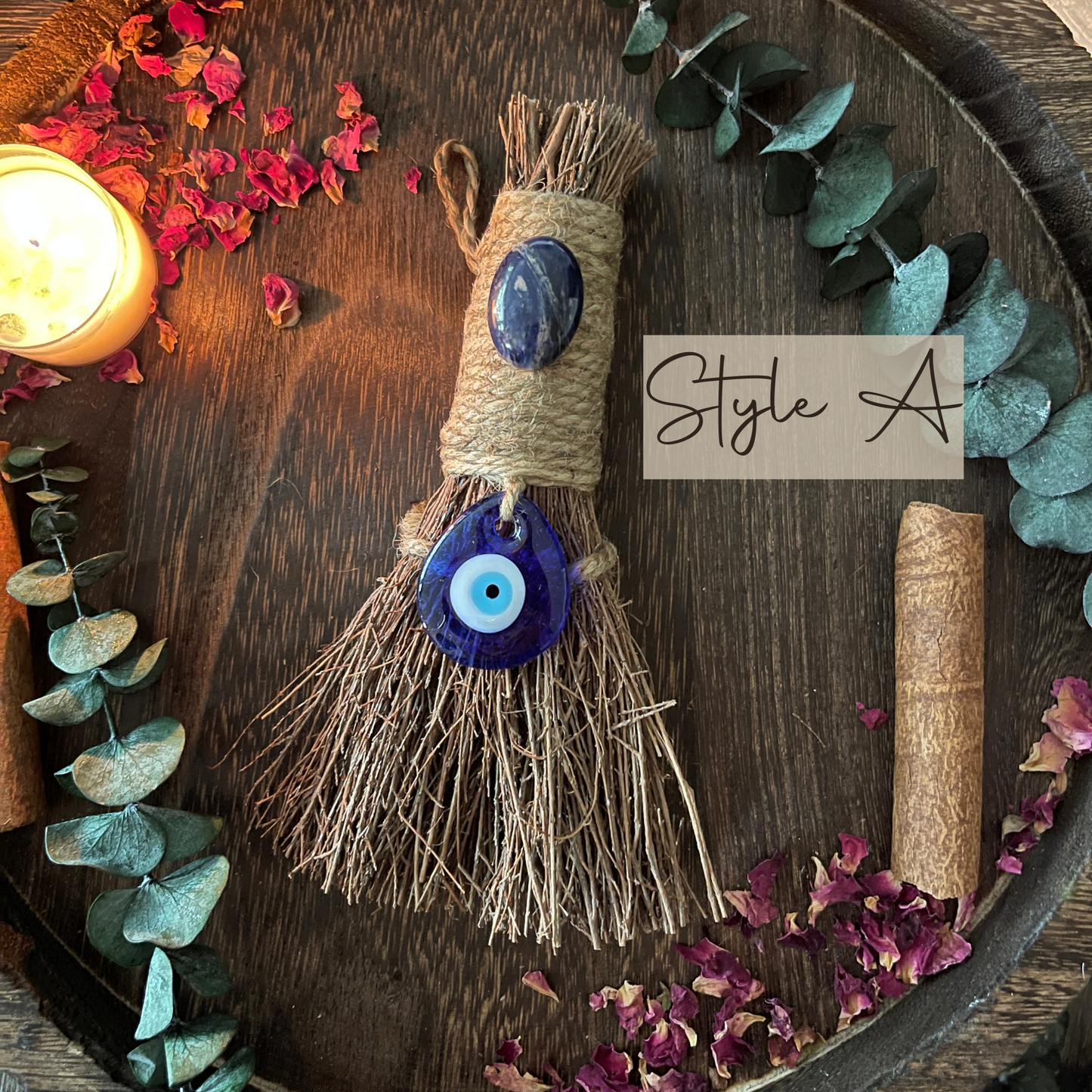 Evil Eye Protection Witch's Besom, Nazar Altar Broom 6": Unscented / Style A