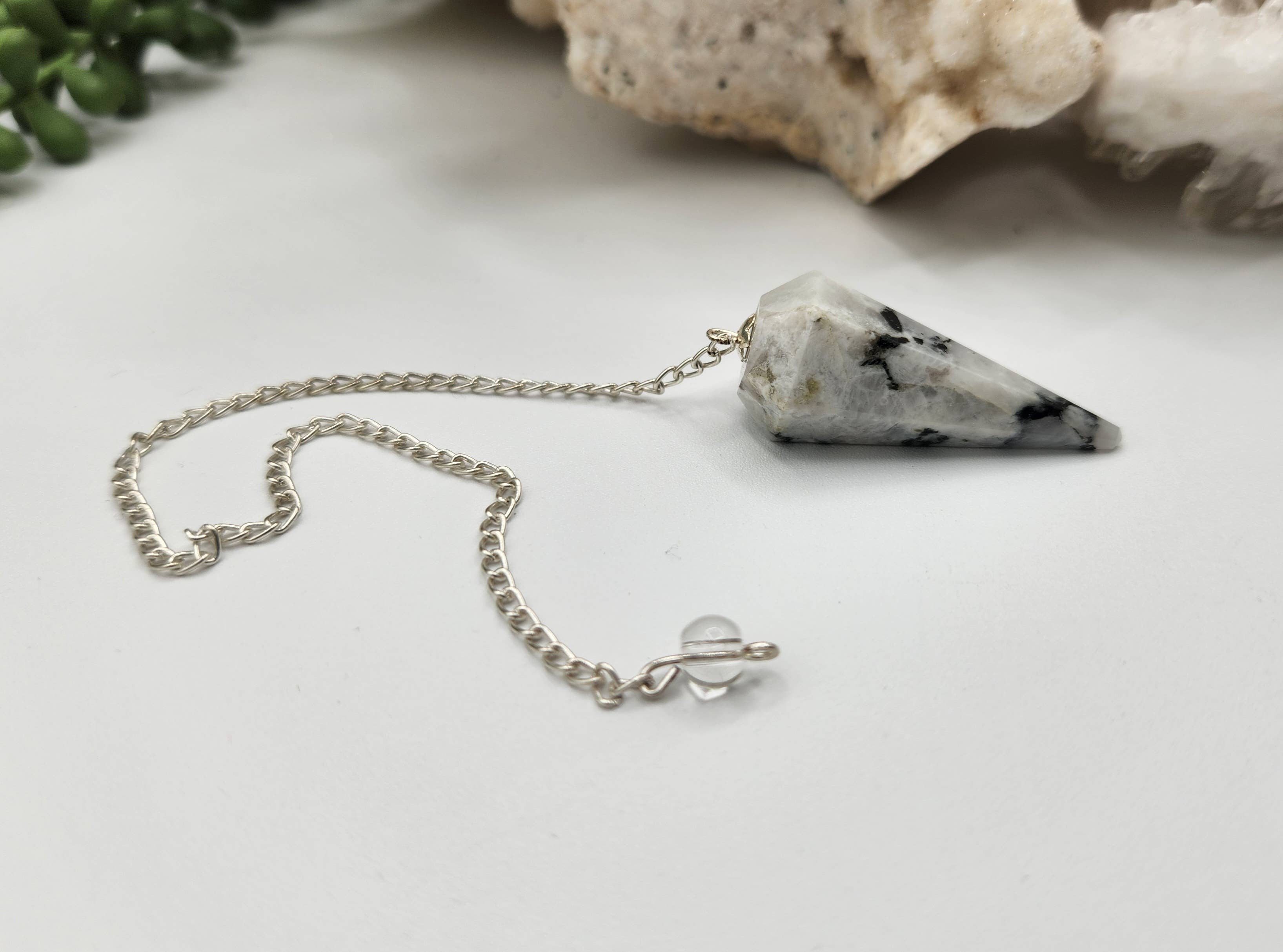 Rainbow Moonstone Gemstone Pendulum w/Silver Plated Chain