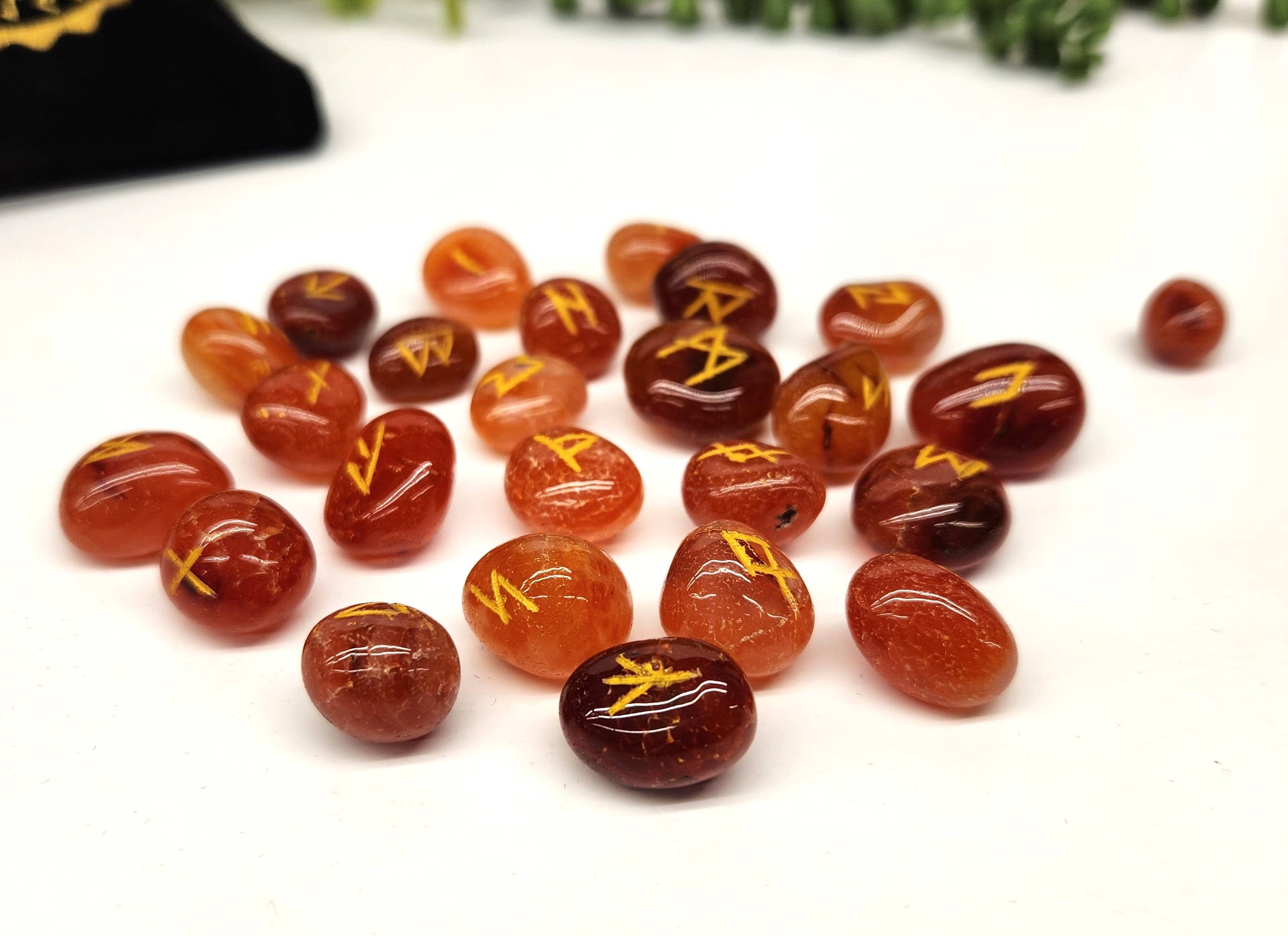 Carnelian Semi-Precious Gemstone Rune Sets with Velvet Pouch