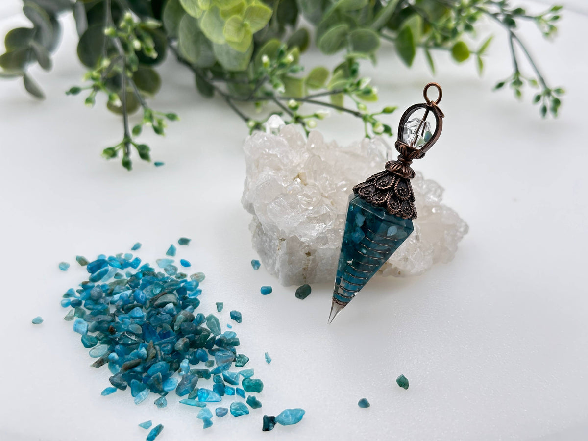 Blue Apatite Gemstone Chips w/ Copper in Resin Pendulum