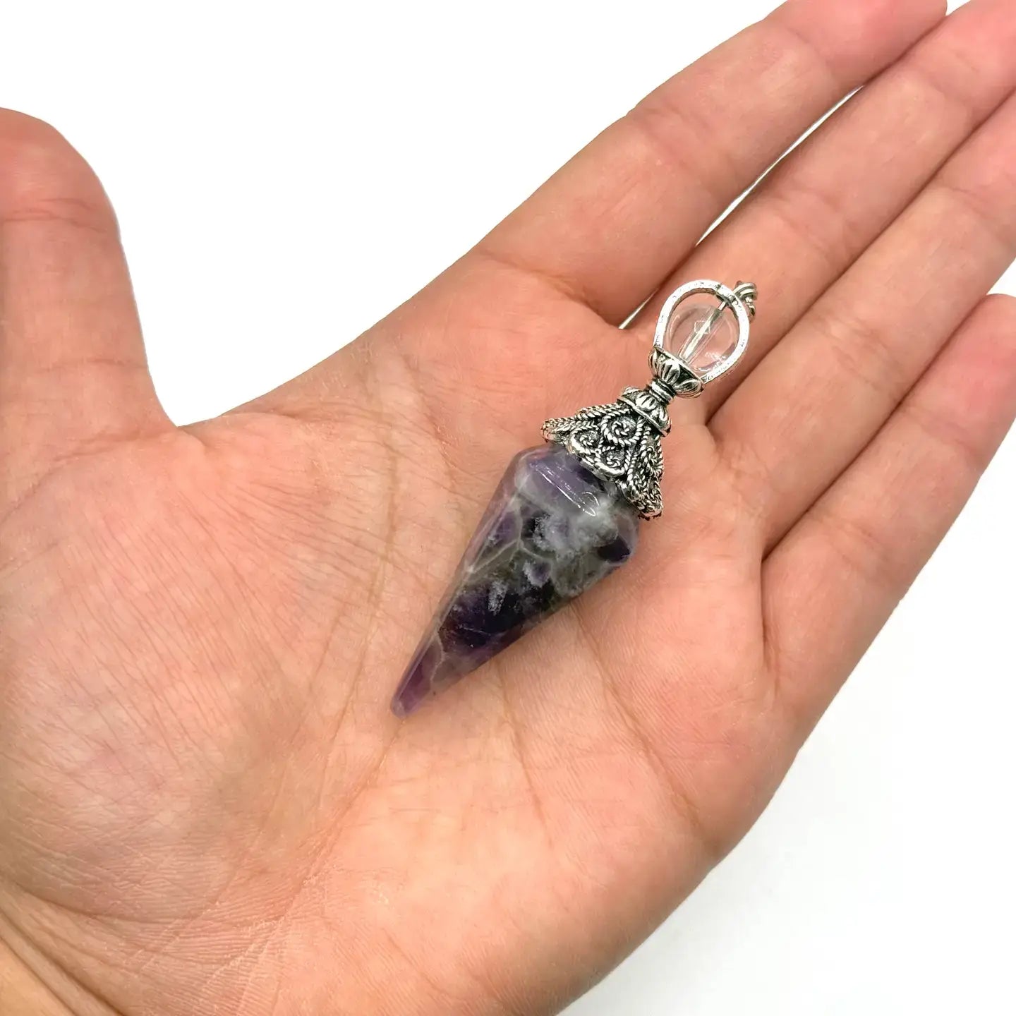 Double Cap Pendulums with Silver Plated Chain : Crytal Quartz