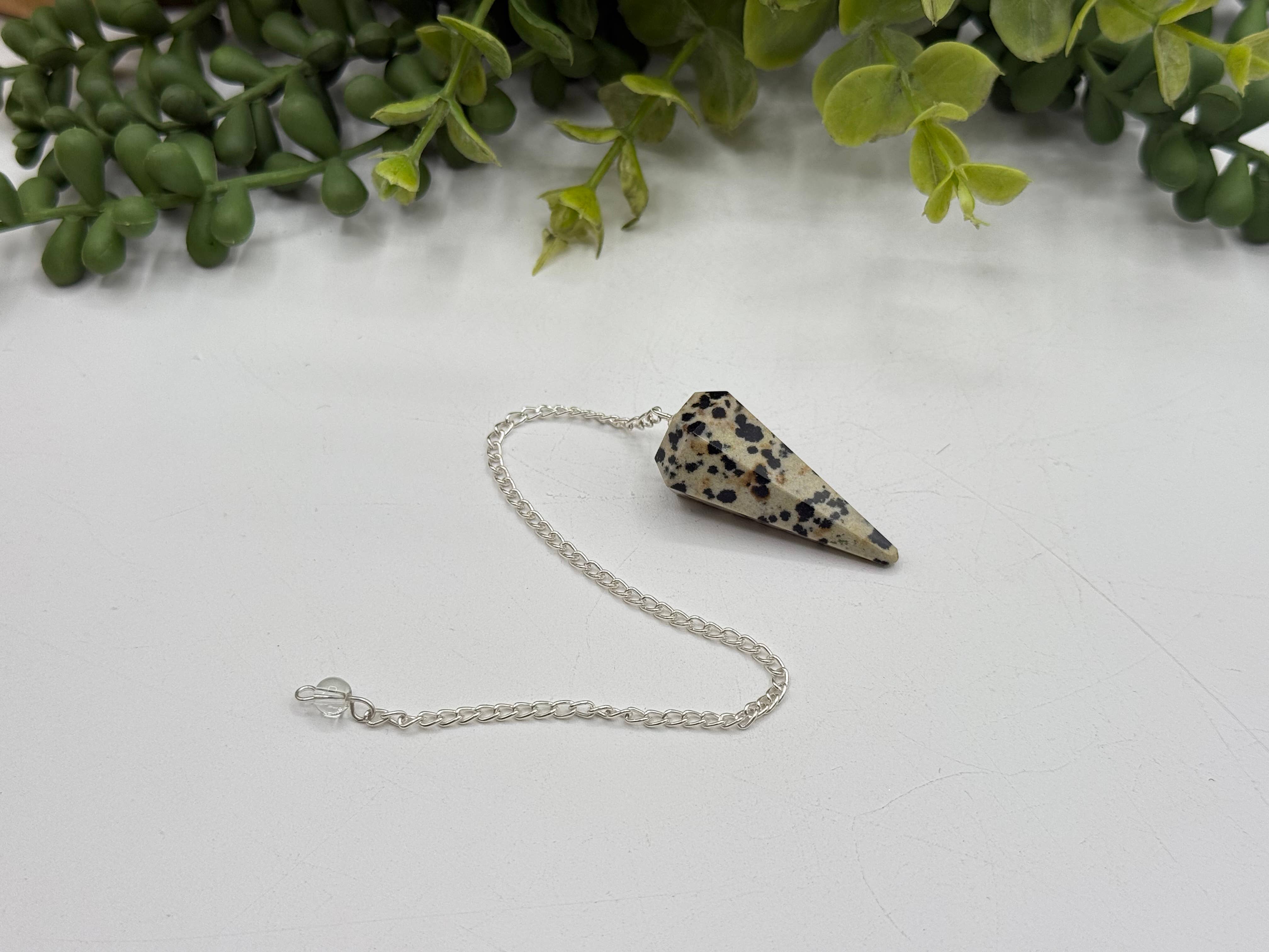 Dalmation Jasper Gemstone Pendulum w/Silver Plated Chain