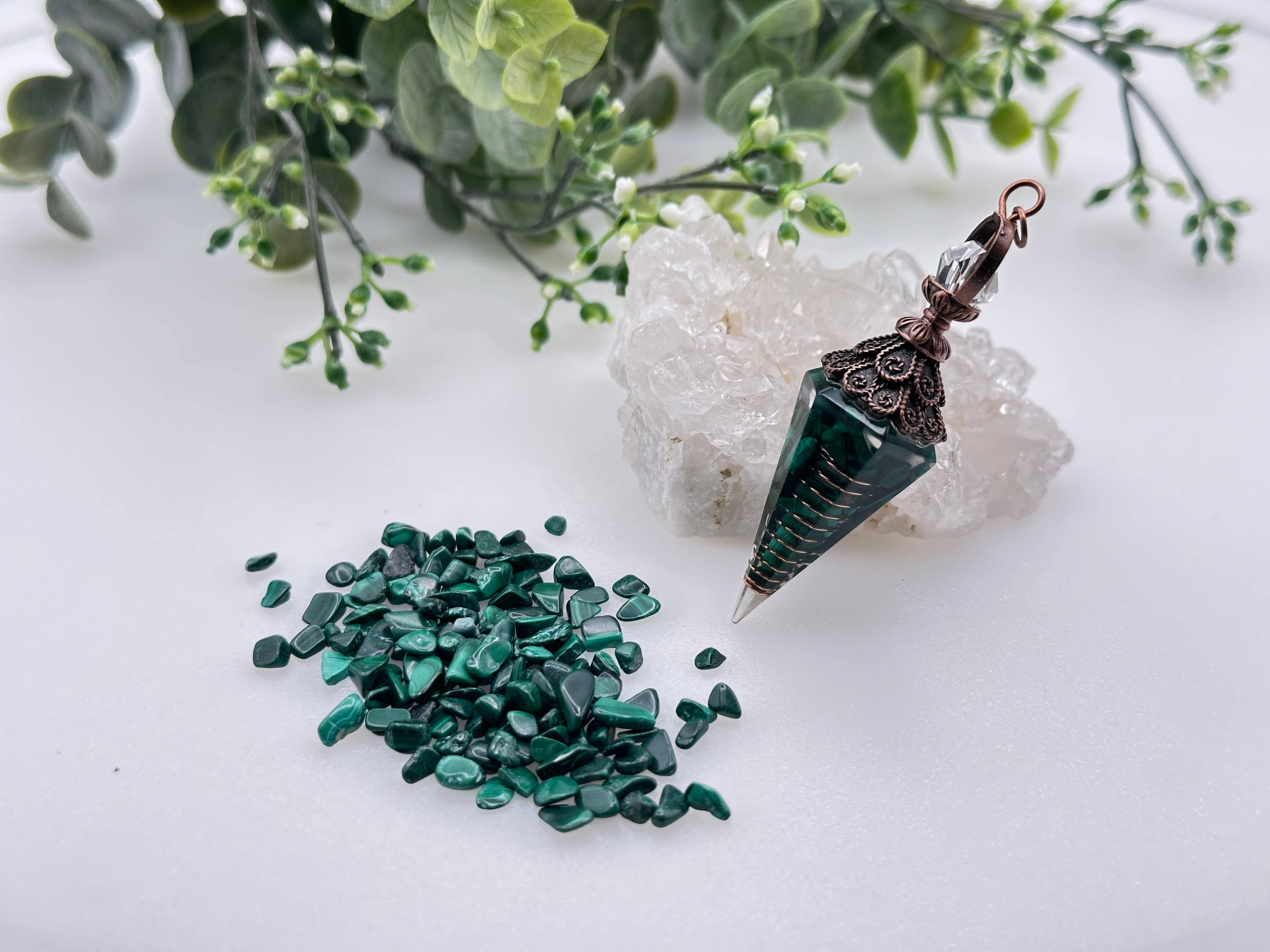 Malachite Gemstone (Natural) Chips w/Copper - Resin Pendulum
