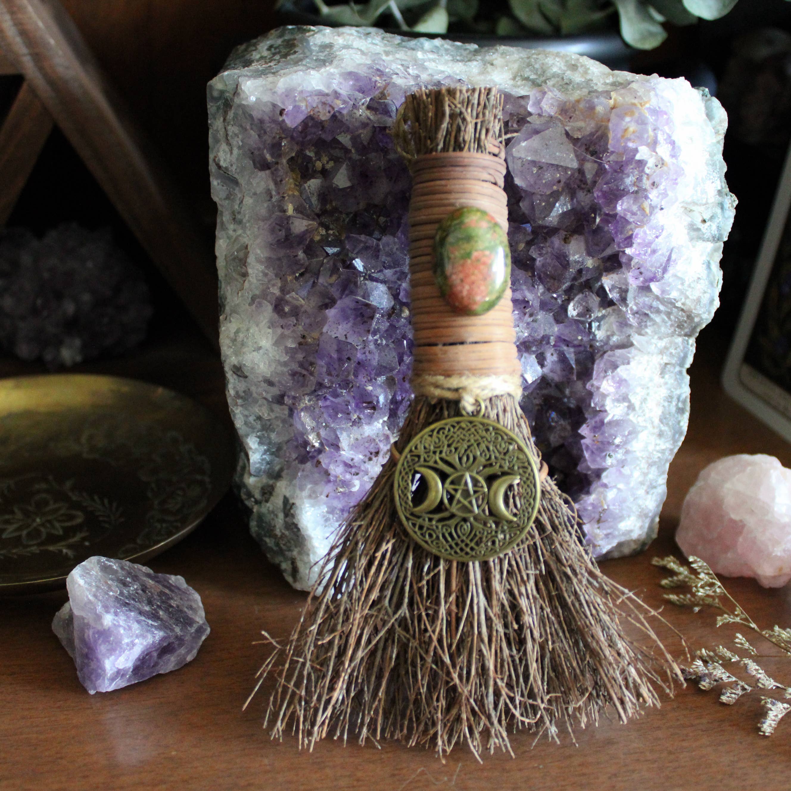 Tree Of Life Pentacle Witch&#39;s Besom, Witchy Crystal Broom: Bronze / Unakite / 6&quot;