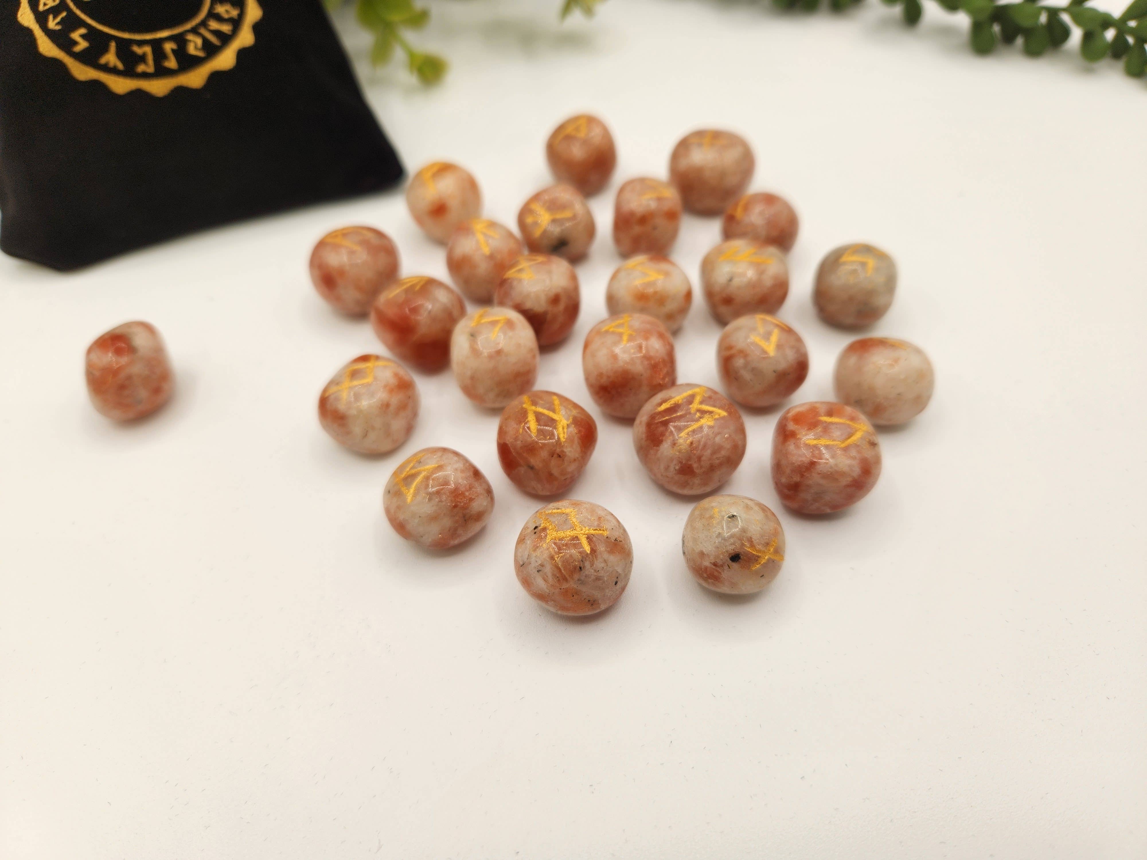 Sunstone Semi-Precious Gemstone Rune Sets + Velvet Pouch