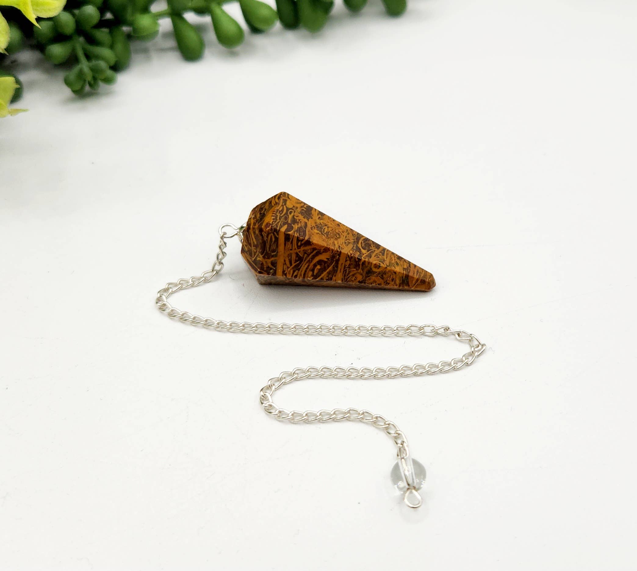 Calligraphy Jasper Pendulum w/Silver Plated Chain