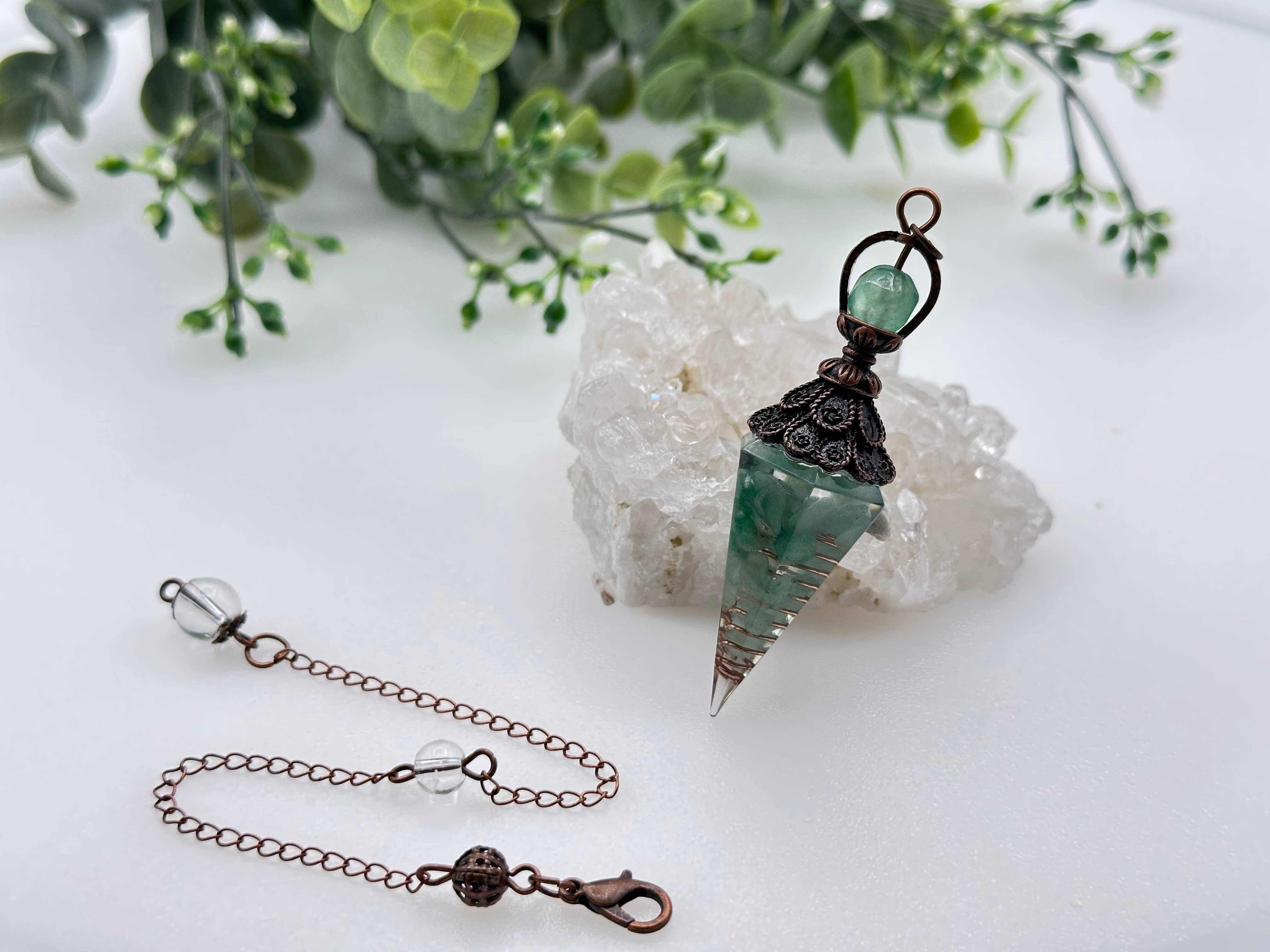 Green Aventurine Gemstone Chips w/ Copper &amp; Resin Pendulum