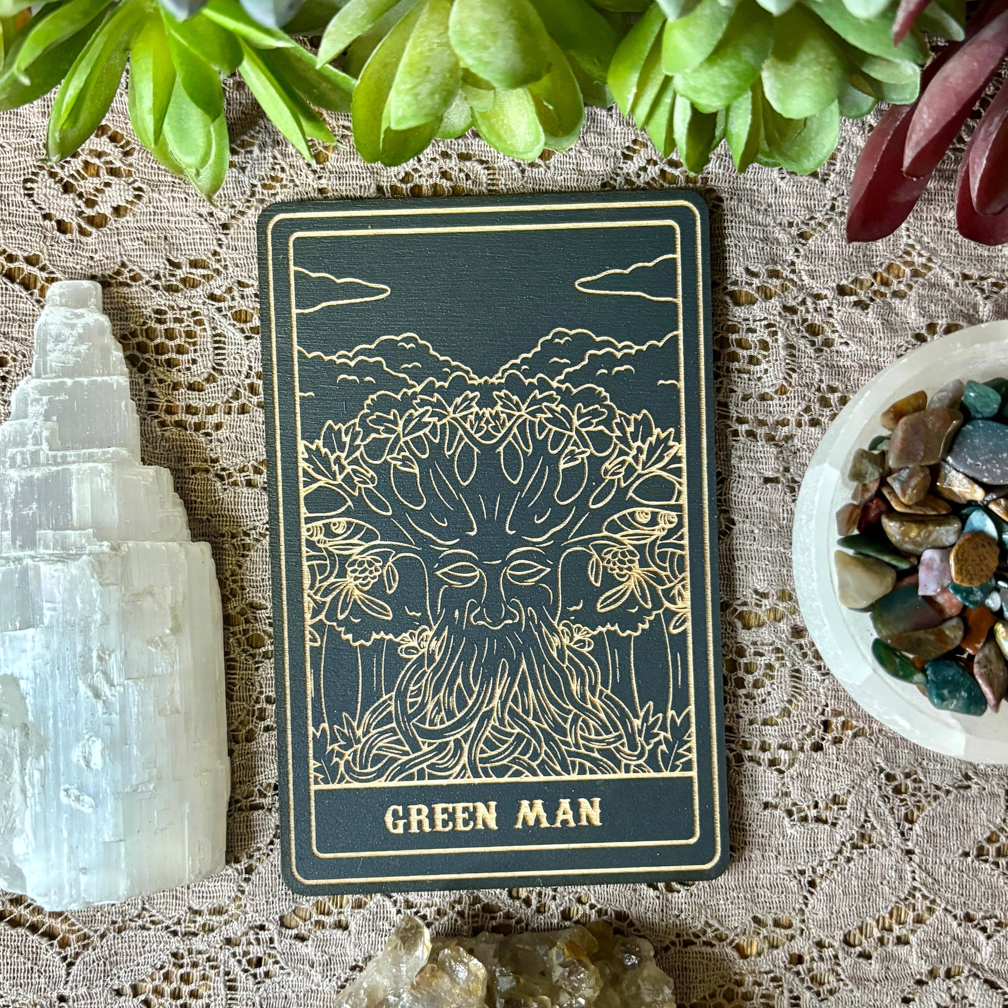 The Green Man Deity Card | Altar Decor | Wall Art | : 5" Tall Card / Natural Woodgrain
