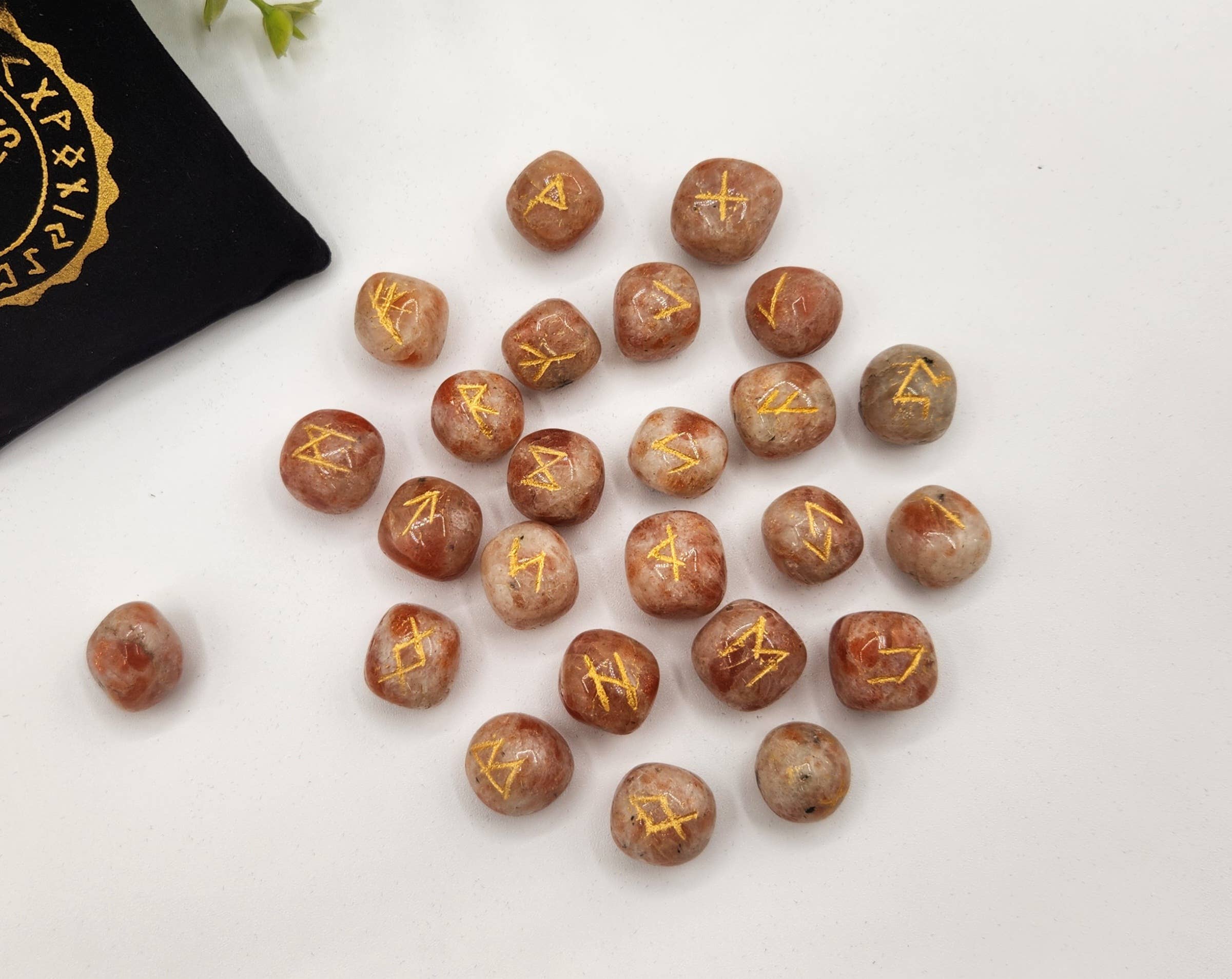 Sunstone Semi-Precious Gemstone Rune Sets + Velvet Pouch